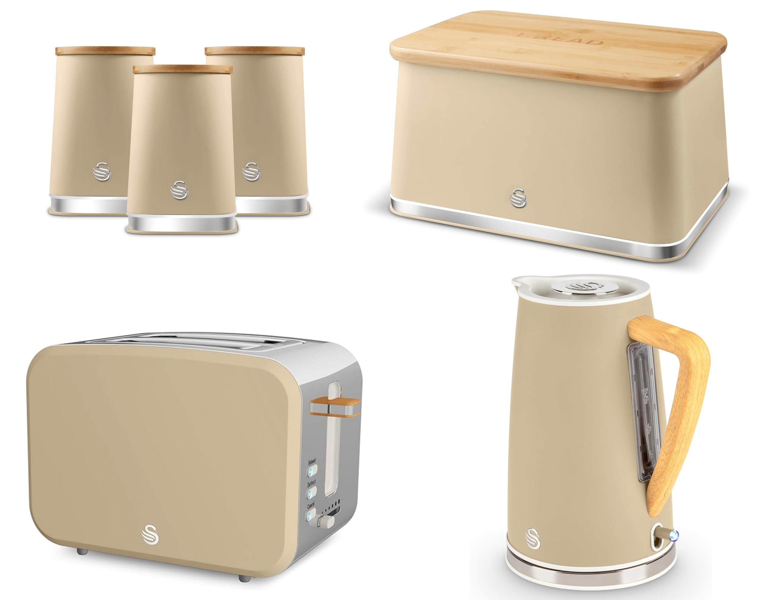 Swan Nordic Oatmeal Kettle 2 Slice Toaster Breadbin Canisters Set Brown