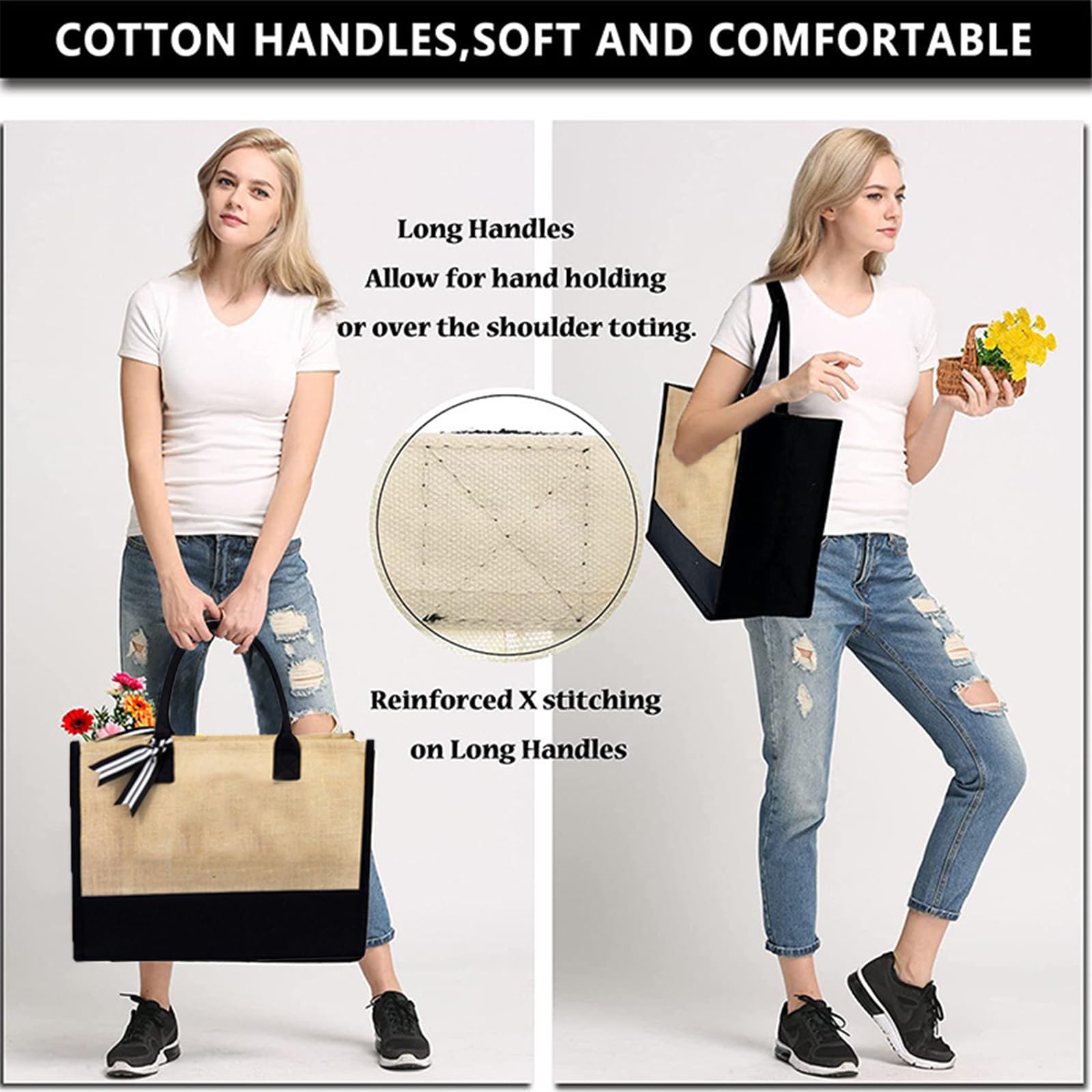 soulnioi Cotton Jute Tote Bag Reusable Shopping Bag, Personalized Flowers Letters Printed Bag for Women/Men - Image 4