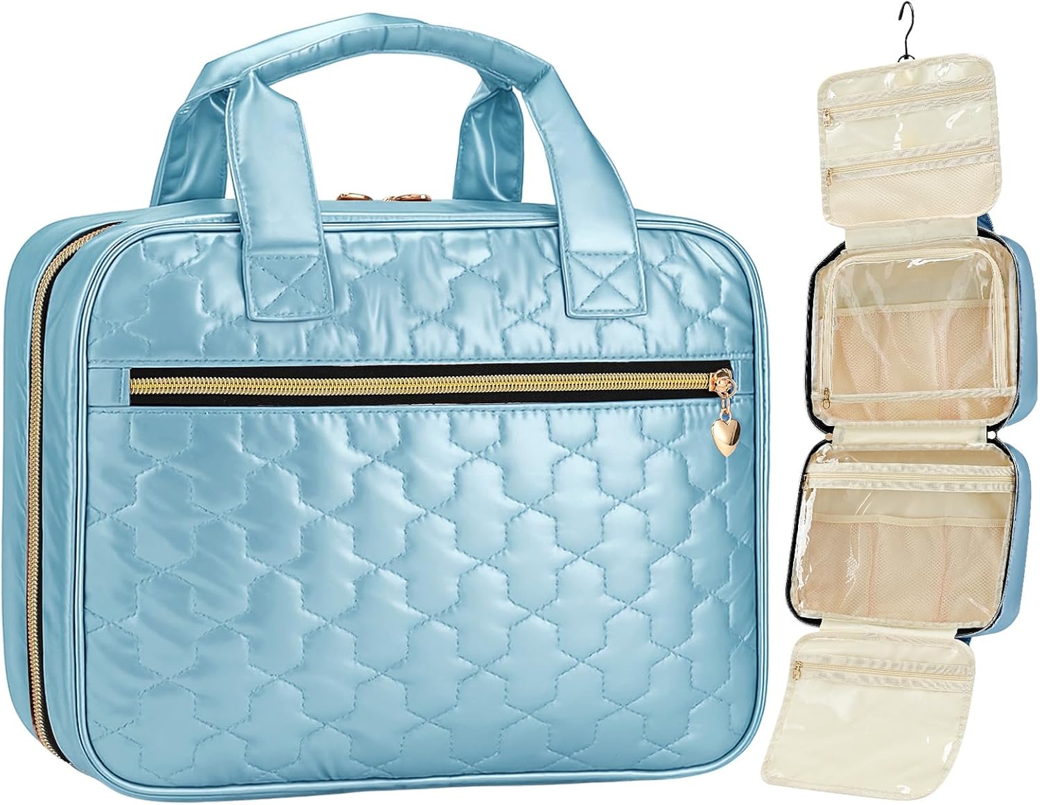 Travel Toiletry Bag, Hanging Makeup Organizer with Hook, Water-Resistant Cosmetic Bag, Fits Full-Size Shampoo & Conditioner Bottles, for Women & Men, Makeup Accessories & Brushes(Blue, Medium)