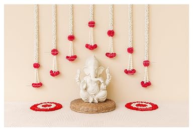 Sphinx artificial jasmine (mogra) and clustered rajnigandha (tuberose)-marigold genda strings for decorations (approx. 2.5 ft/36 Inches/75 cms)- (Off-white & Red, 4)