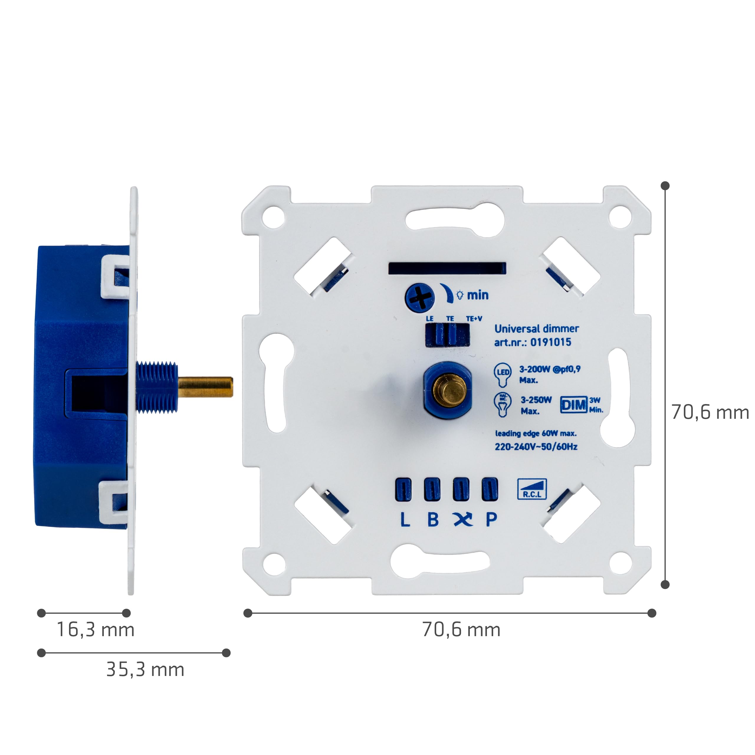 LED-Dimmer 3-250W Digital, nur 16 mm Einbautiefe, UP-Drehdimmer zum Dimmen von LED und Halogen 3-250 W kompatibel mit Busch-Jaeger, Gira, Kopp, Merten, Jung, Berker, Phasenanschnitt Phasenabschnitt