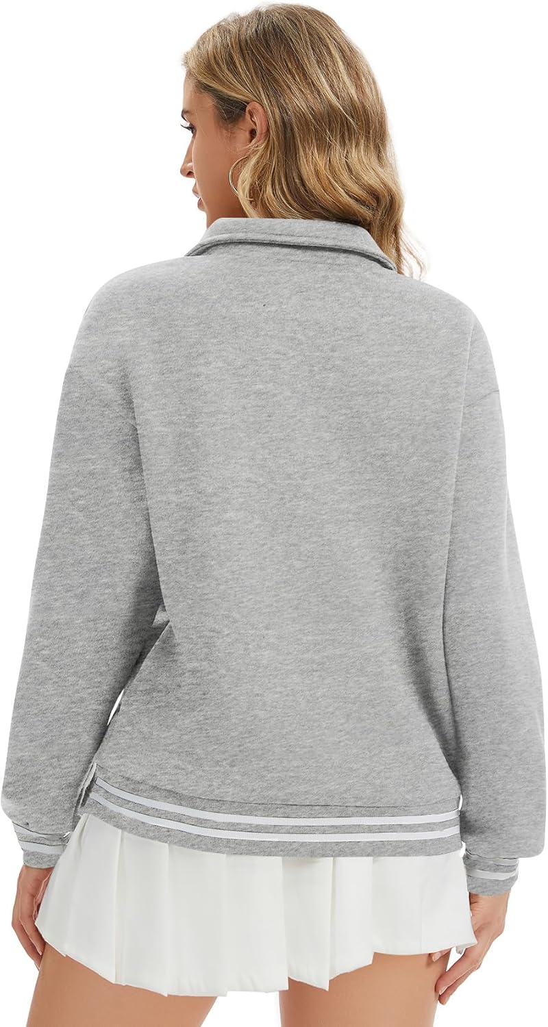 Kissonic Women Fleece Sweatshirts Polo Neck Lapel Long Sleeve Button Color Block Pullover Tops Fall Fashion Outfits - Image 5