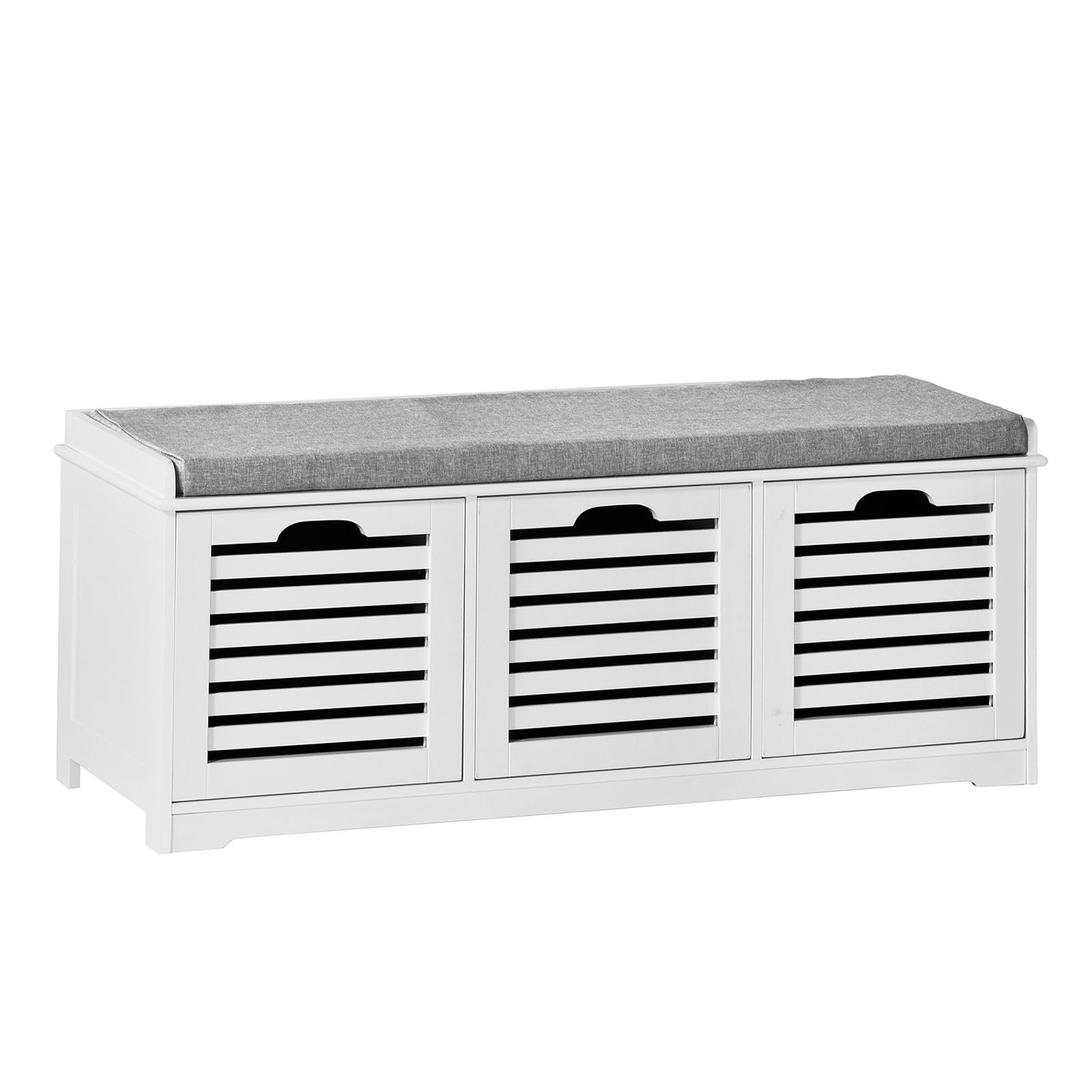 SoBuy Schuhbank Sitzbank mit Stauraum – Schuhregal mit 3 Körben, Sitztruhe mit Sitzkissen – Flurbank Kommode für Eingangsbereich – Belastbar bis 120kg, 105x43x35cm – FSR23-W