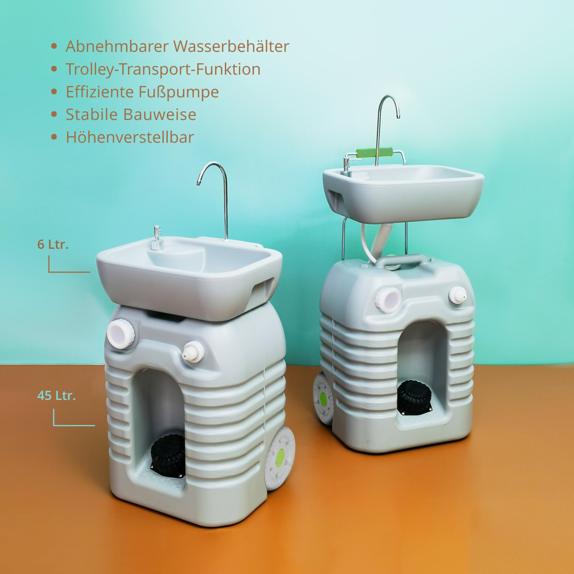 Stagecaptain PSW-45 Quixie Portables Festival Camping-Waschbecken - Mechanische Fußpumpe - Wassertank mit 45 Liter - Höhenverstellbares Spülbecken inklusive Spender für Flüssigseife - hellgrau