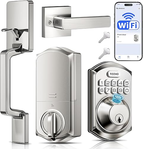 TEEHO TE012W-H - Cerradura de puerta inteligente WiFi con asa, huellas dactilares, teclado, control de llave y aplicación, juego de cerrojos de