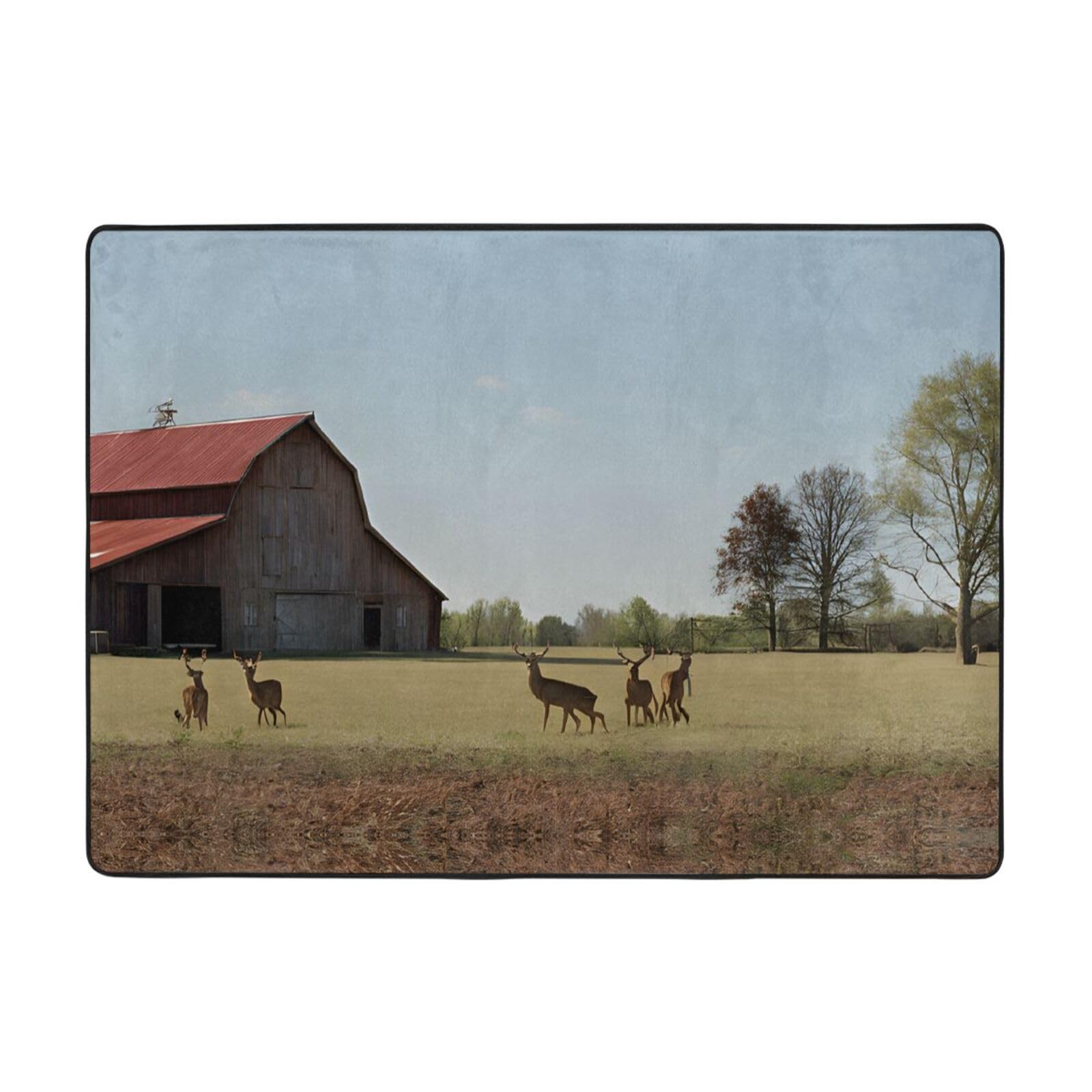 Farm with Deer Print Living Room Anti Slip and Absorbent Carpet, Indoor Bedroom Bed Floor Mat, Ultra Soft Washable Carpet 80x58 in