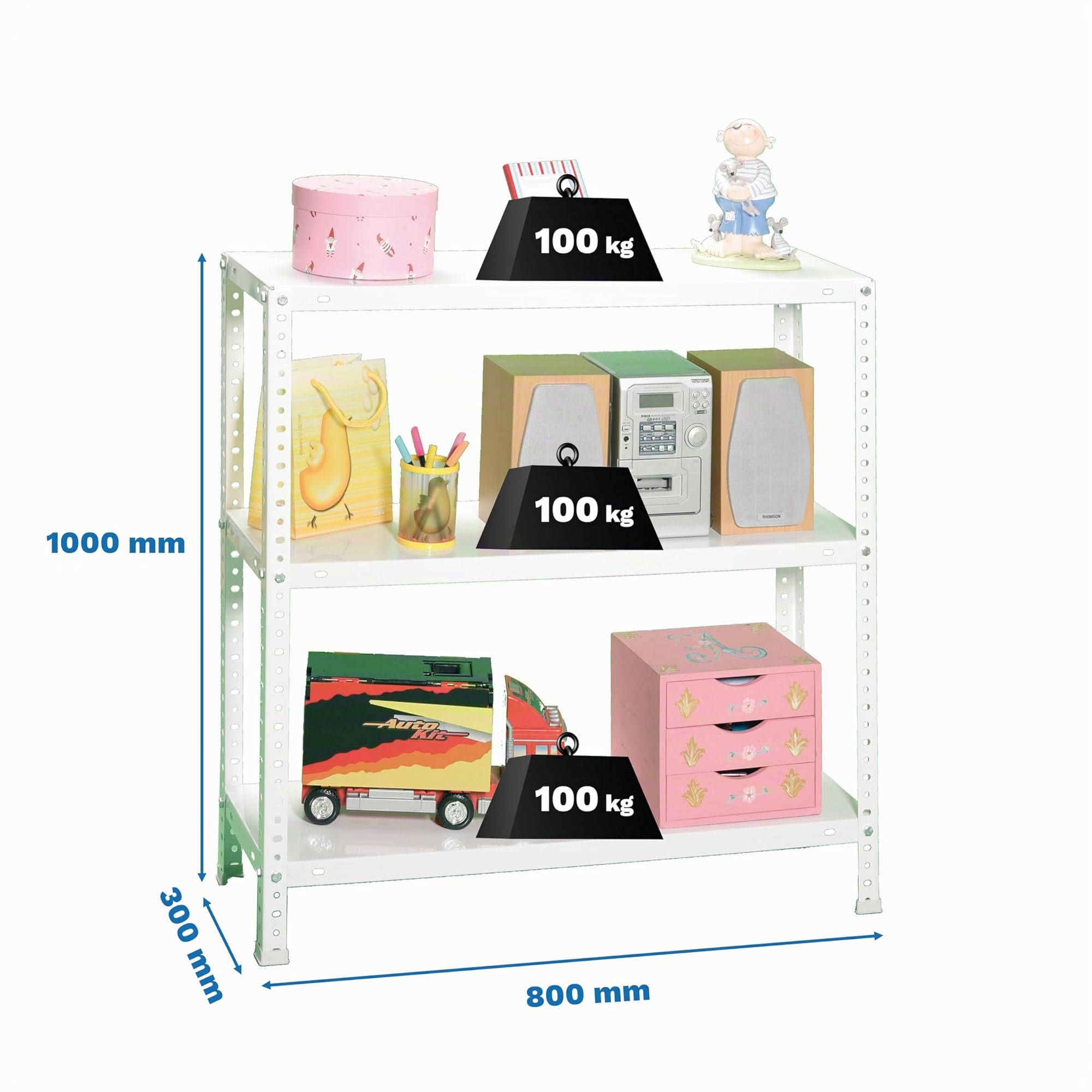 Simon Rack Scaffale Metallo Garage e 3 Ripiani, Capacità di Carico 100 kg e Punto di Flessione, 1000x800x300 mm, Metallo, Scaffalatura per Garage, Bianco - Comfort