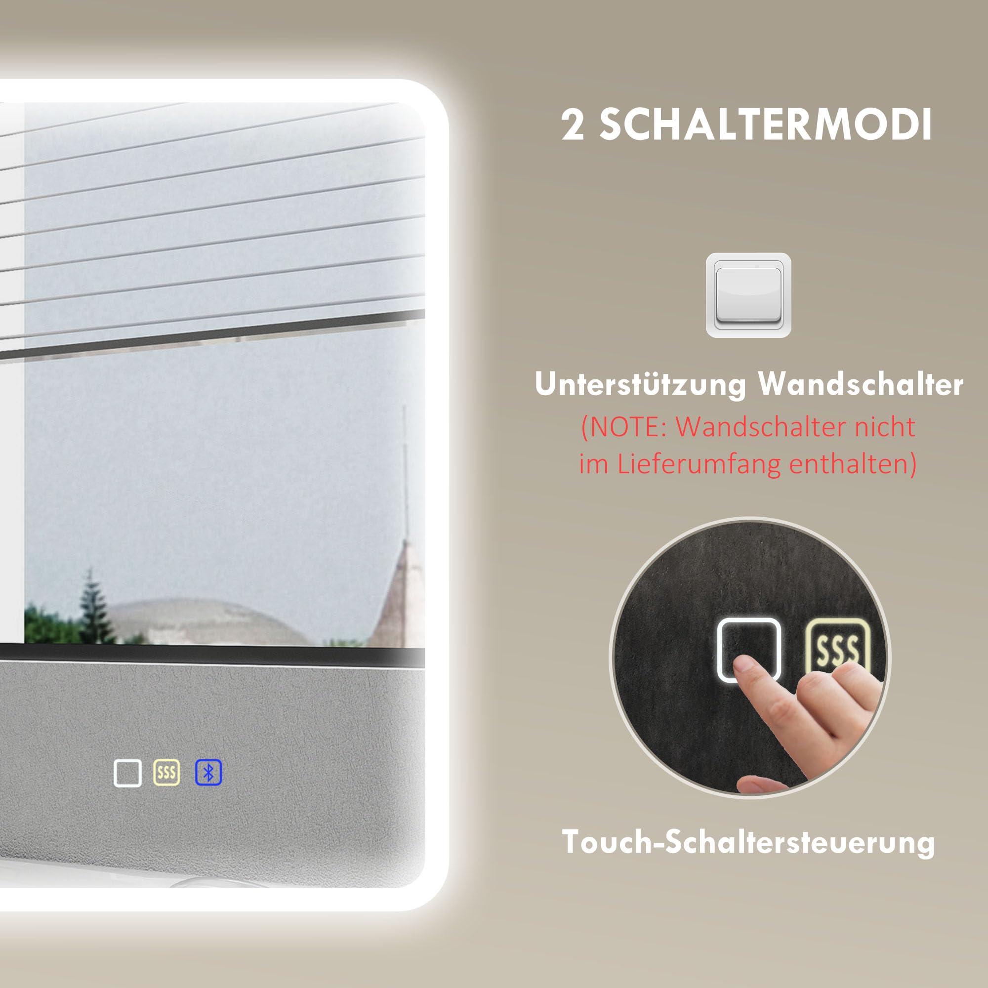HOMCOM Badspiegel mit Beleuchtung 90x70 cm dimmbar LED Spiegel mit Touchschalter Bluetooth Memory-Funktion 3 Lichtfarben, Beschlagfrei Wandspiegel Lichtspiegel Silber