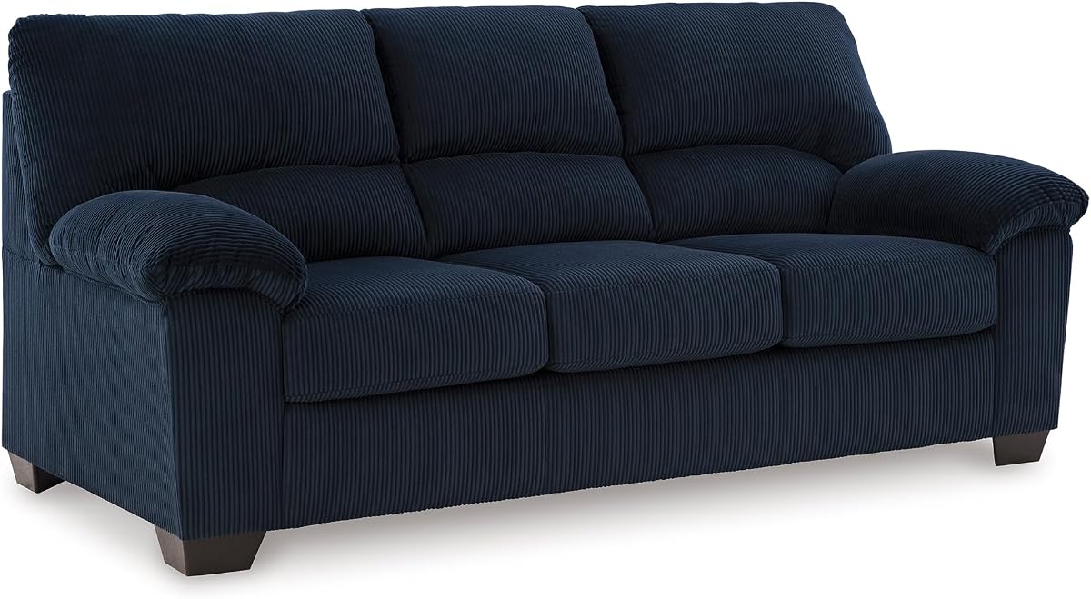 Sofá Signature Design de Ashley, pana azul marino de 83 pulgadas, plataforma antihundimiento | No requiere ensamblaje, Base de plataforma antihundimiento, Cojines de espuma envueltos en fibra de felpa, Se adapta a puertas de 32 pulgadas, Serie SimpleJoy
