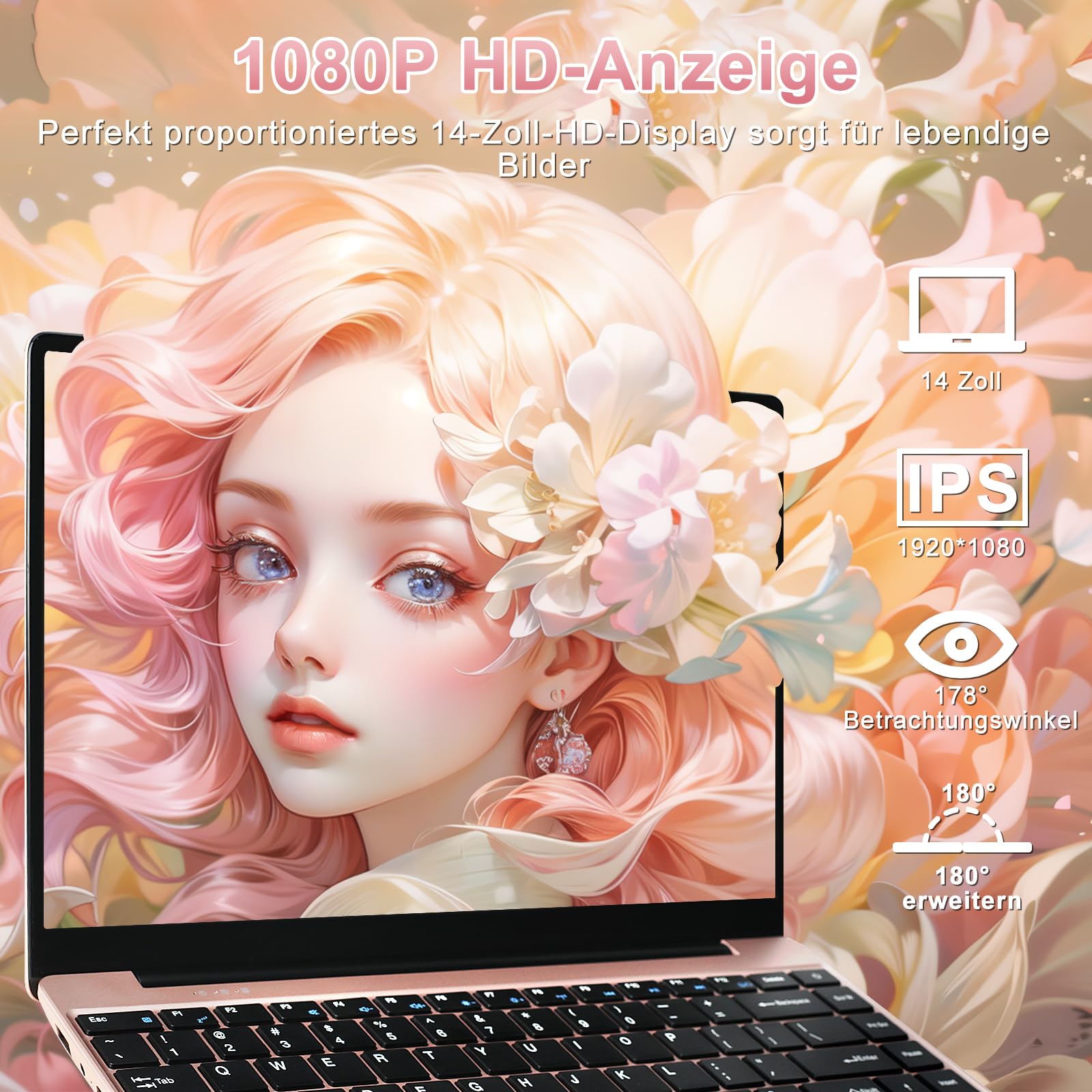 NOTODD 2026 Laptop 14 Zoll Win11 Pro 6GB DDR4 256GB SSD TF Unterstützung 1TB Celeron N4020 (bis 2.8GHz) Full Metal 5000mAh Notebook mit 1080P Mini HDMI Deutscher Tastaturschutz und kabellose Maus-Gold
