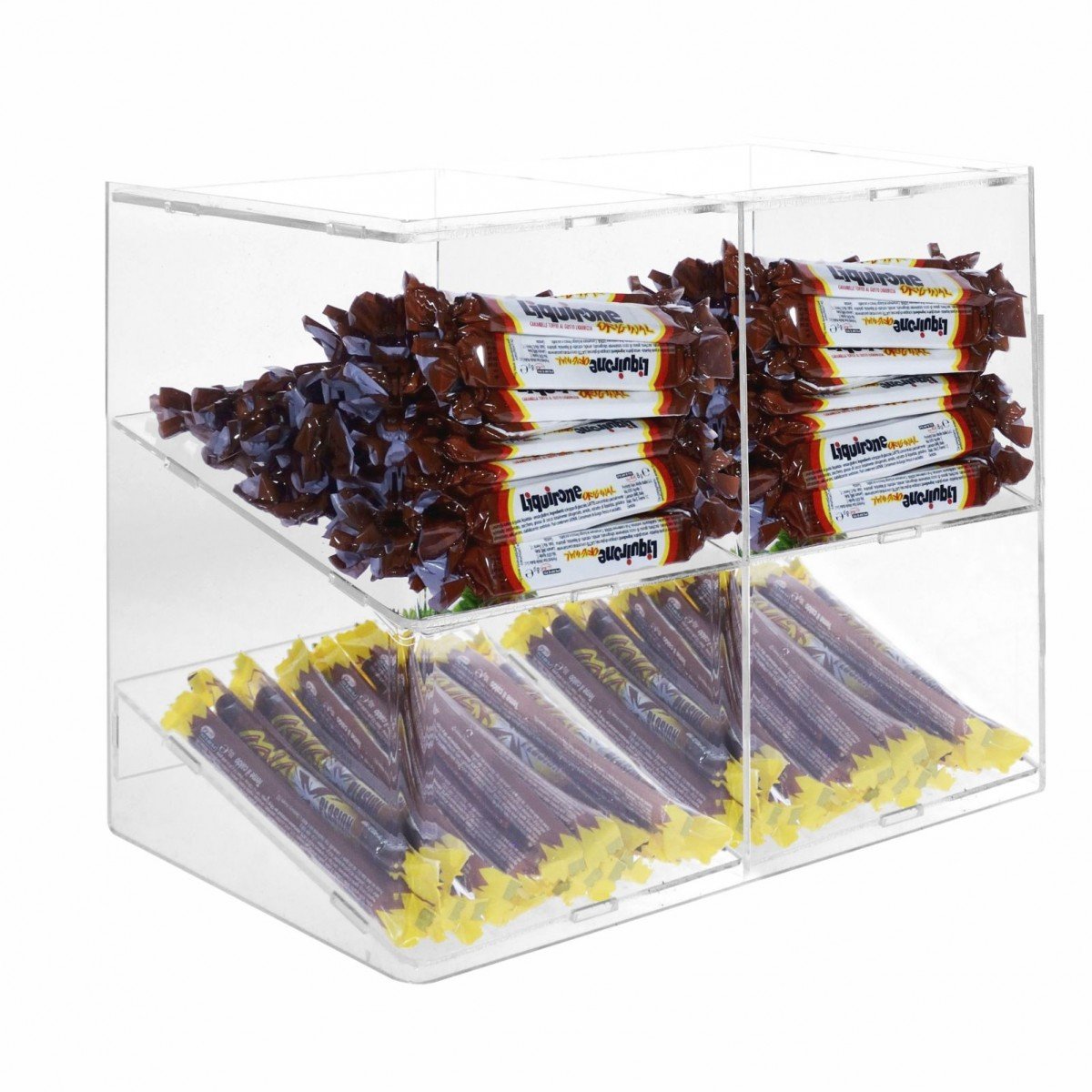 Porta caramelle confezionate in plexiglass trasparente a 4 ripiani Misure: 31x18x H26 cm