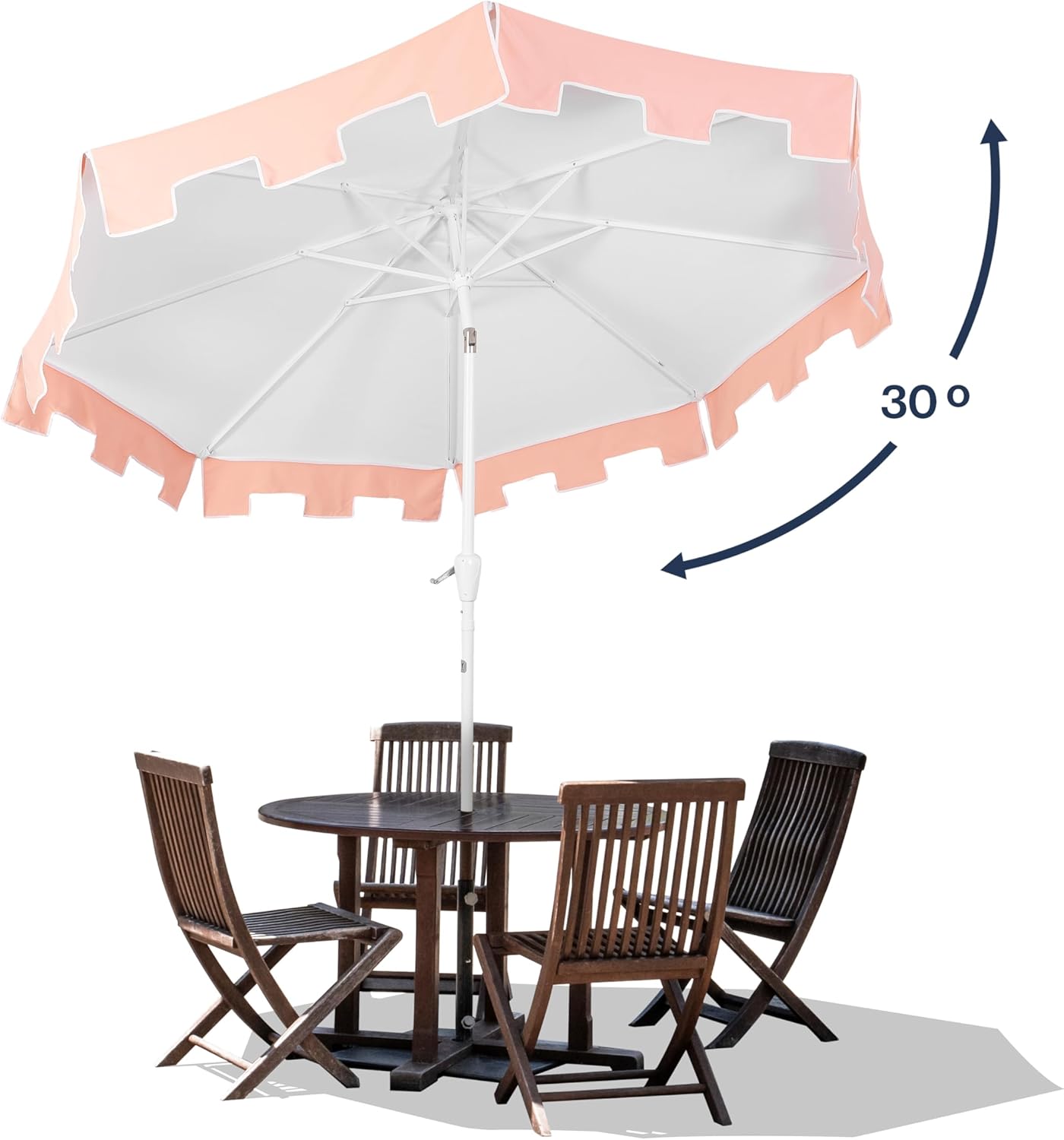JONATHAN Y UMB1000C Baiona 9 ft. Classic MidCentury Market Patio Umbrella with UV Protection, Auto-Tilt, Crank and Wind Vent in White/Coral Pink - Image 5