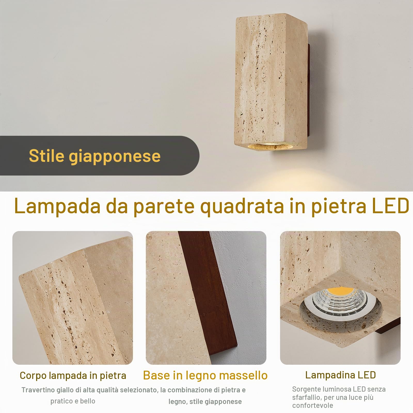 Lampada a parete Pietra Gialla Travertino Applique Wabi-sabi Lampade in Pietra Forma di Pilastro Rettangolare Applique luci calda per camera da letto sala da pranzo cucina ingresso corridoio