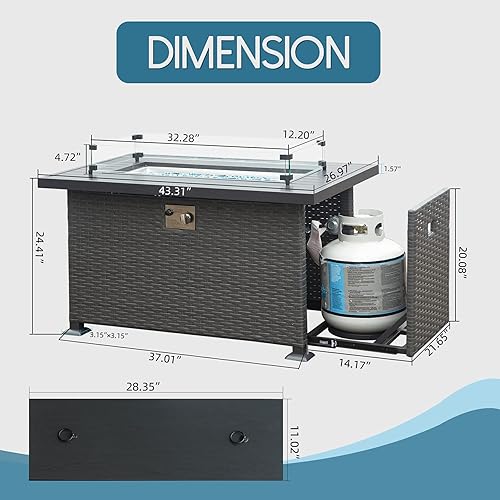 Miniatura 6 de Domi Outdoor Living Mesa para fogata de gas de 43 pulgadas, 50,000 BTU de mimbre para patio con mesa de aluminio, protector de viento de vidrio,
