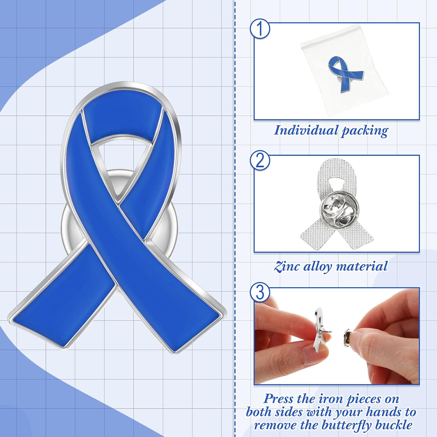 100/200/500 Pcs Blue Ribbon Pins Colon Cancer Awareness Brooch Enamel Lapel Pin Bulk for Public Charity Social Event Supplies