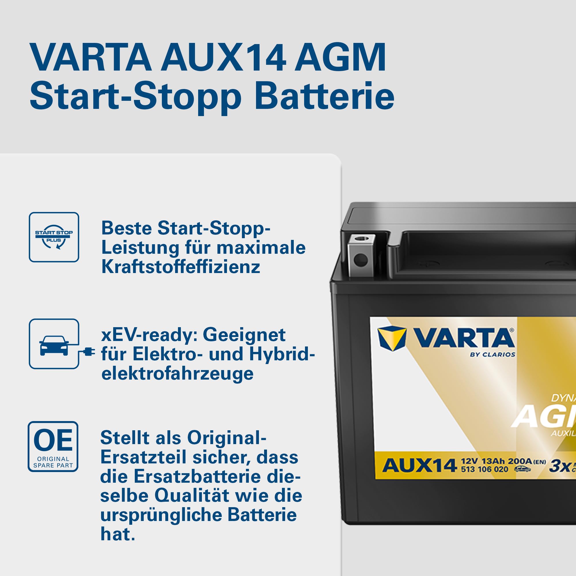 VARTA Automotive DYNAMIC AGM Auxiliary (AUX14) 12V 13Ah 200A - Stützbatterie Nassbatterie für KFZ - Zusätzliche Starterbatterie für Autos mit hohem Energiebedarf - Wartungsfreie Bleisäurebatterie