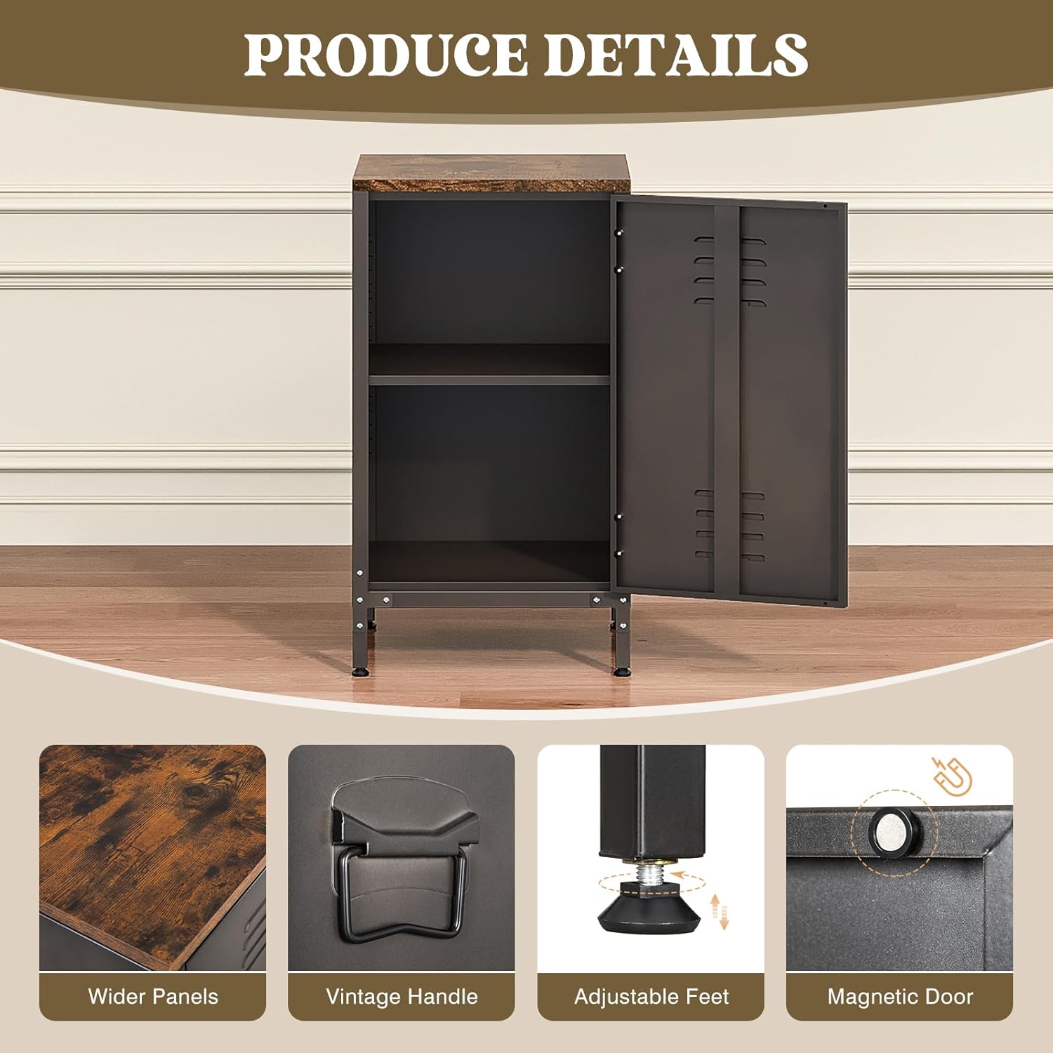 Farmhouse Nightstand End Table, Metal Side Table Storage Cabinet with Adjustable Shelf for Bedroom, Living Room, Rustic Brown