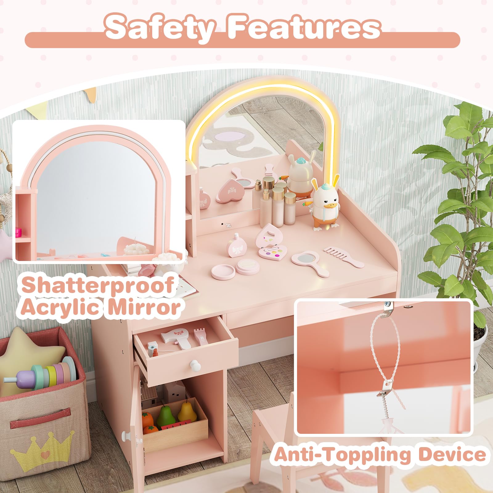 LIFEZEAL 2 in 1 Tavolo da trucco per bambini con sedia, tavolo da trucco ragazza con specchio LED e armadietto, tavolo da toeletta in legno con cassetto e scaffale, 3+ anni, carico di 50 kg (rosa