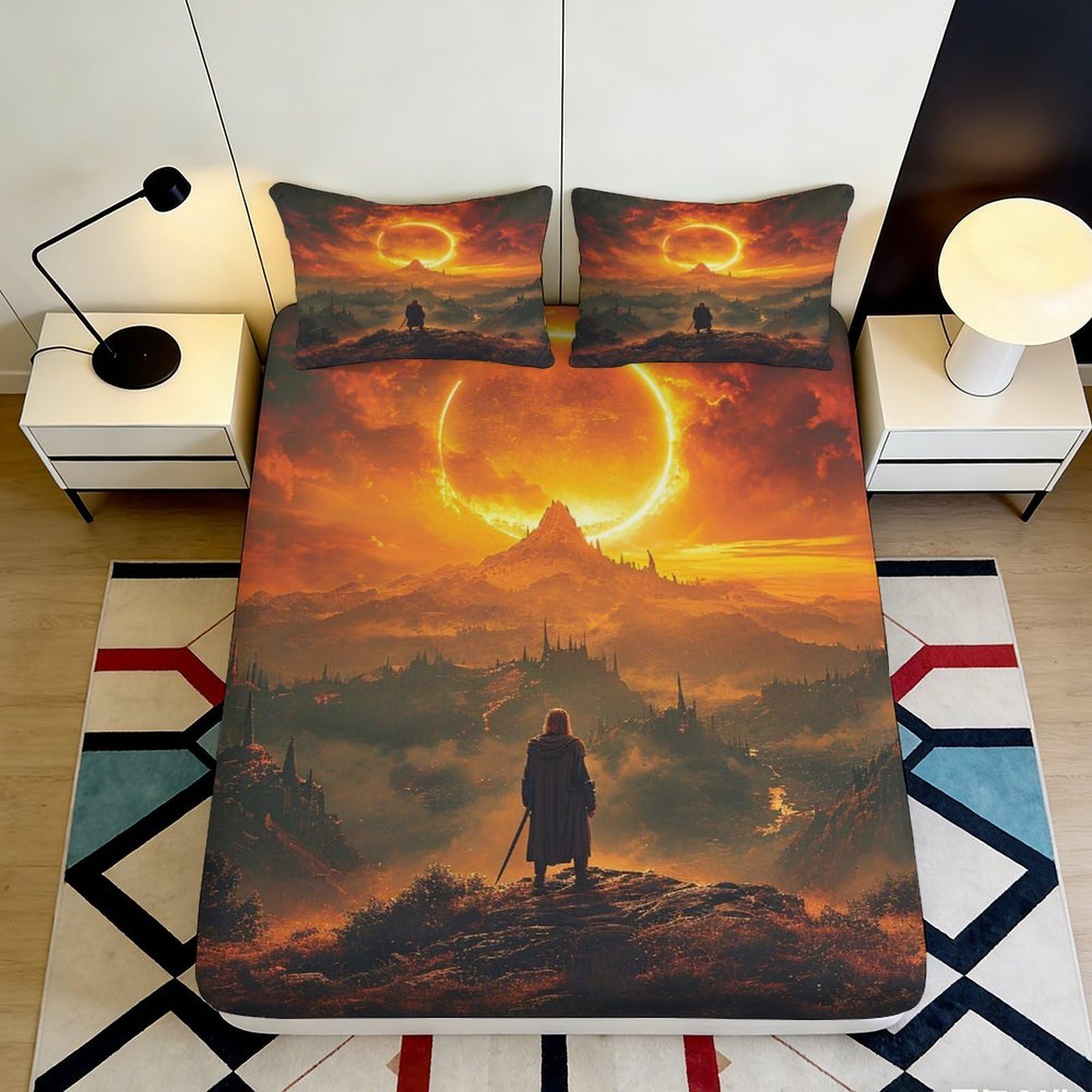 3D Printed Fantasy Sunset Fitted Sheet Microfiber Soft Breathable Epic Landscape Mattress Cover for Bedroom Guest Room Decor 160x200x25cm