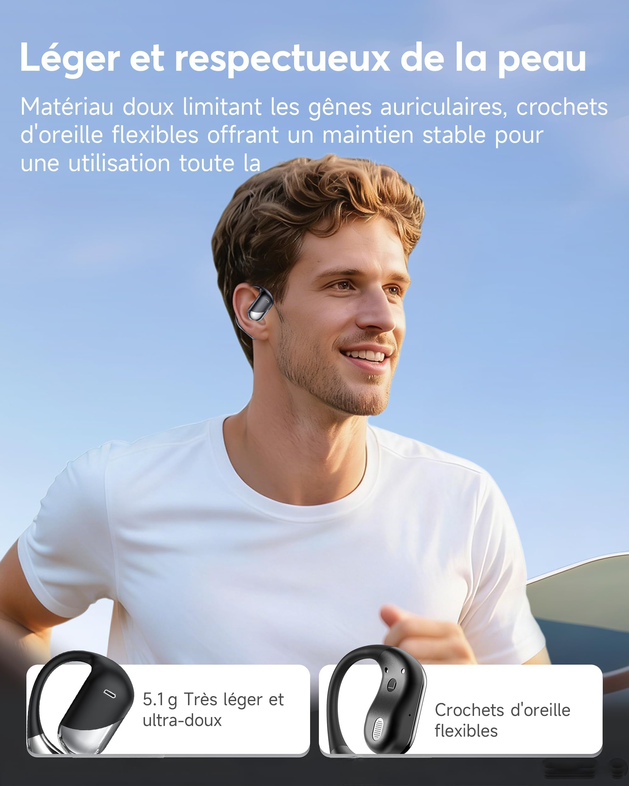 Paekole Casque à Conduction Osseuse, Écouteurs Bluetooth V6.1 sans Fil avec Micro, Autonomie 80 H, Écouteurs Étanches IP7, Casque Sport avec Crochet d'oreille pour Fitness/Musique/Appel