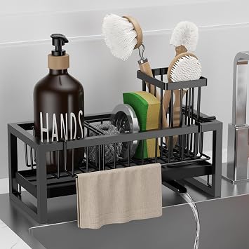 Bntuk Kitchen Sink Caddy Organzier with Towel and Brush Holder, Self-Draining Sponge Holder Caddy for Soap, Scrubber, Towel, Brush, Apartment RV EssentialBlack