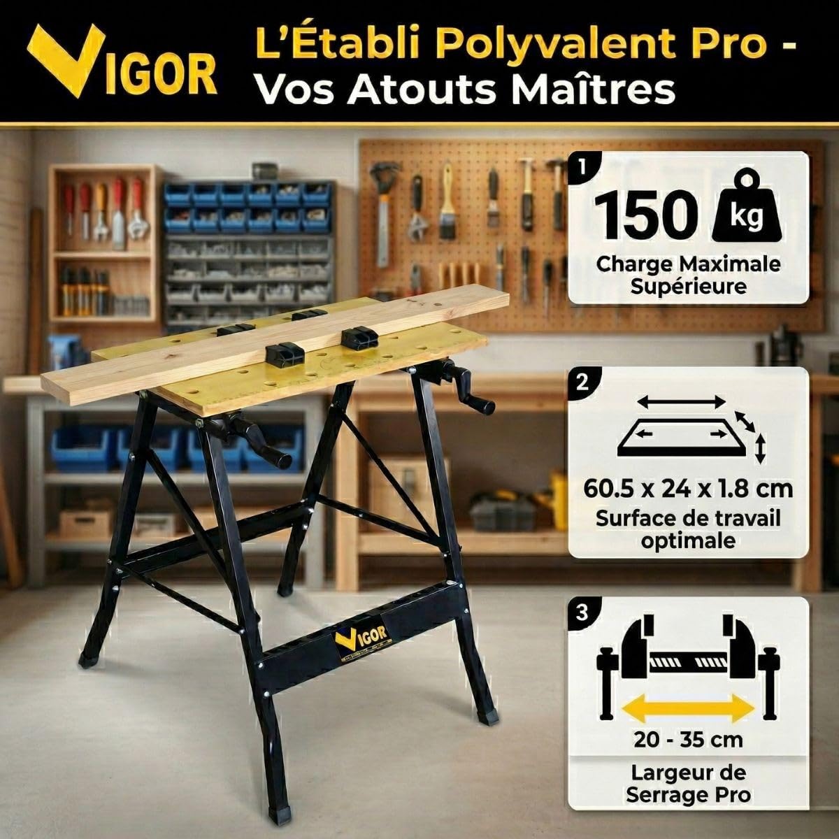 Intec – Banco de trabajo plegable multiposición, carga 150 kg – Mesa de trabajo portátil con tornillo de banco de ajuste de 20 a 35 cm DIY aserrado talleres