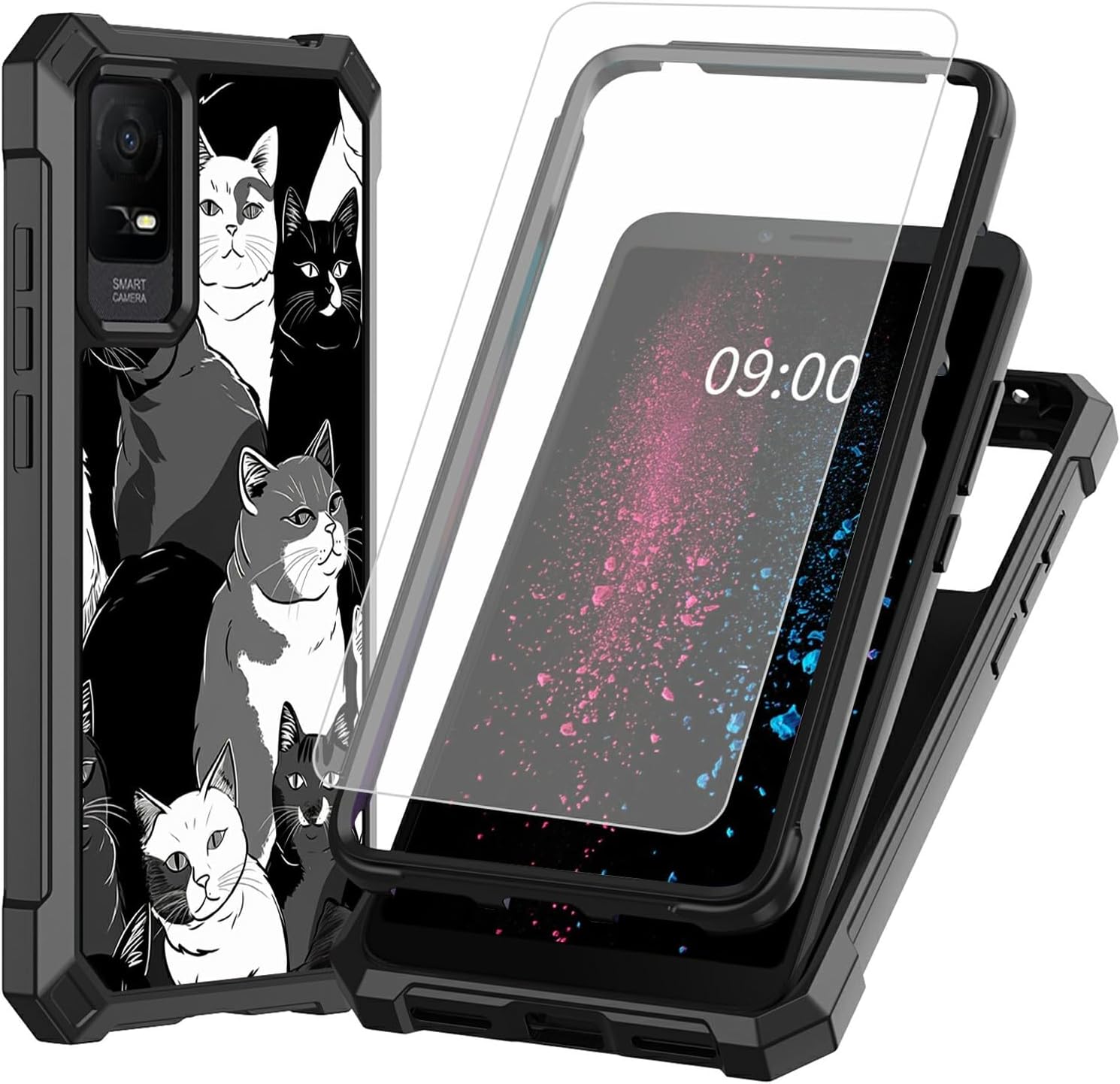 BWEGRHE Black White Cats Design for TCL ION X T607DL Phone Case with Tempered Glass Screen Protector, 2 Layers Shockproof TPU Corner + Built-in Frame Bumper Case for TCL 40Z/TCL ION V