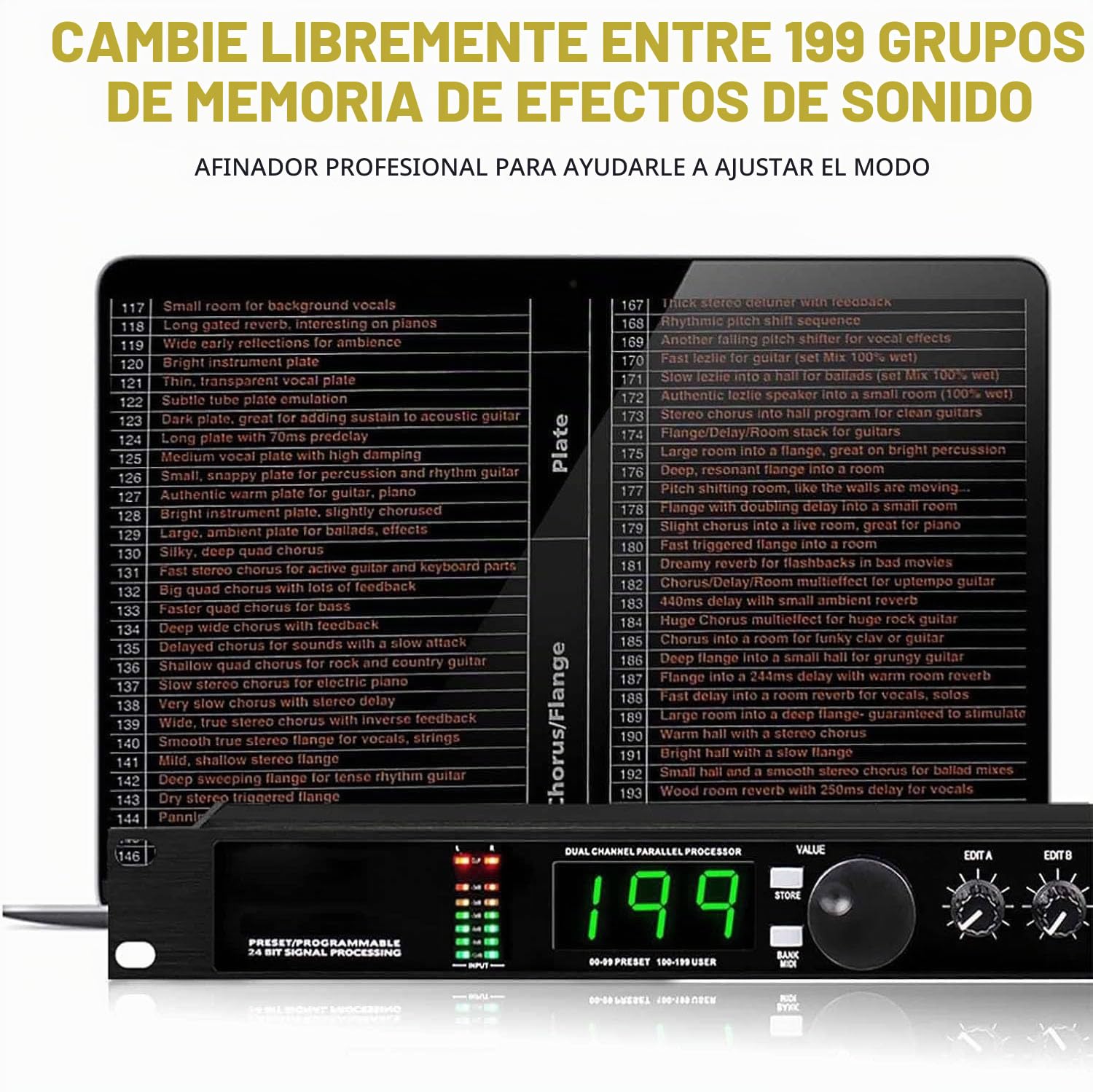 Procesador De Audio Profesional, Ecualizador, Procesador DSP De Reverberación Digital, Procesamiento De Señal De 24 Bits Programable Preestablecido, 99 Programas Preestablecidos, 199 Memoria De Efecto