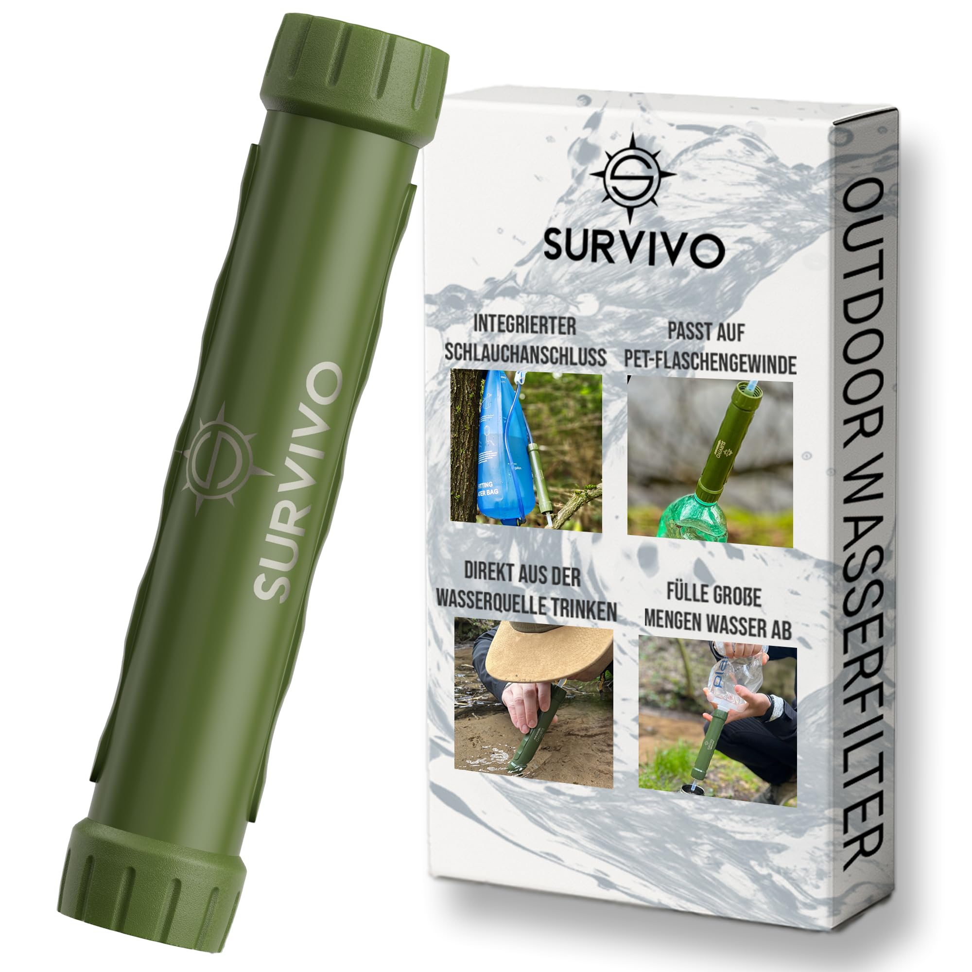 SURVIVO® Wasserfilter Outdoor - Multifunktionaler Trinkwasserfilter für PET-Gewinde & Wassersäcke, 4000l, entfernt 99,99% Bakterien, Camping, Wandern, Survival