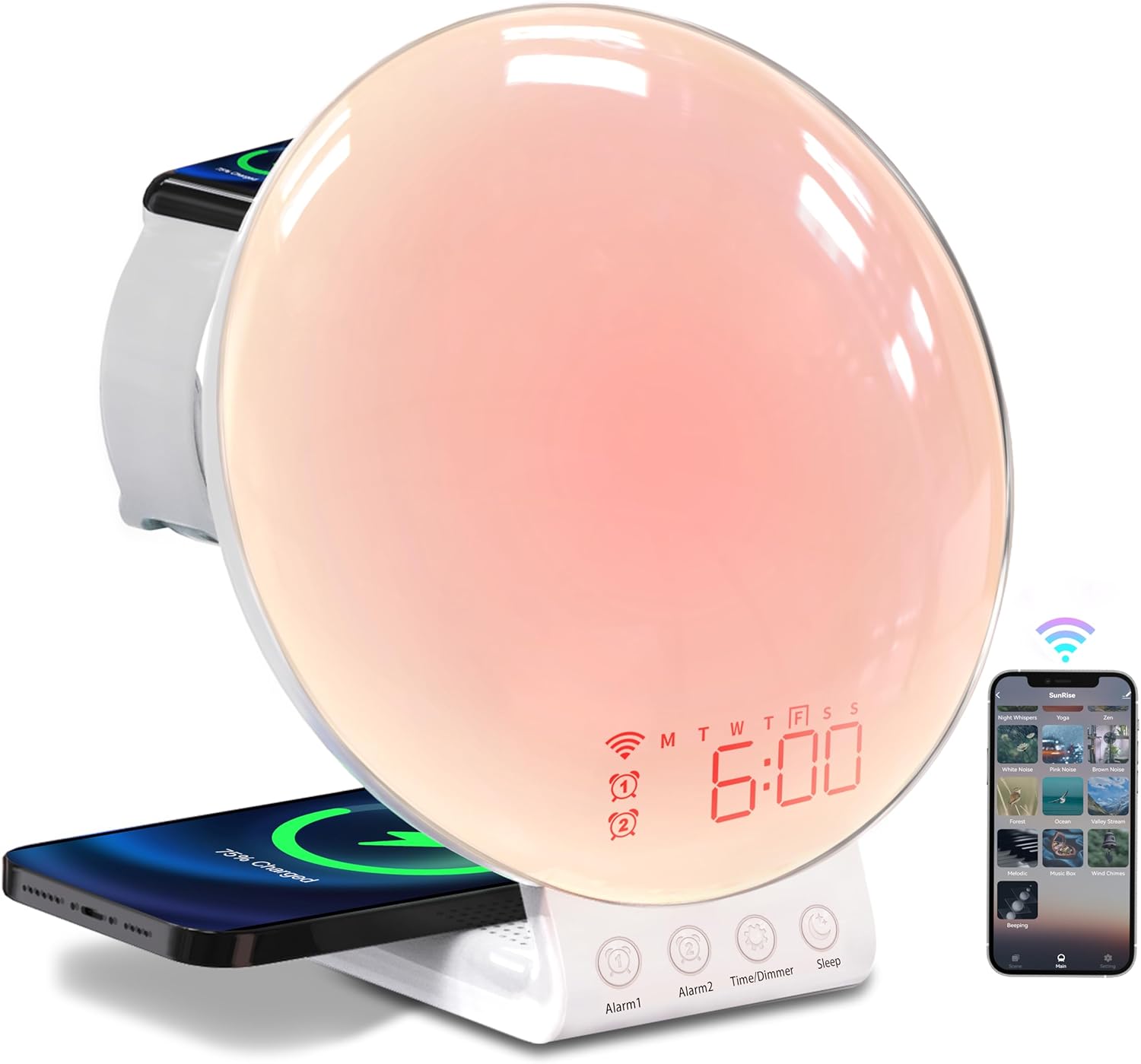 MOMILLA Sunrise Alarm Clock, 3 in 1 Wireless Charging Station, Smart App Control White Noise Sound Machine, Wake up Light, Sunset Night Light Alarm Clocks for Heavy Sleepers Kids