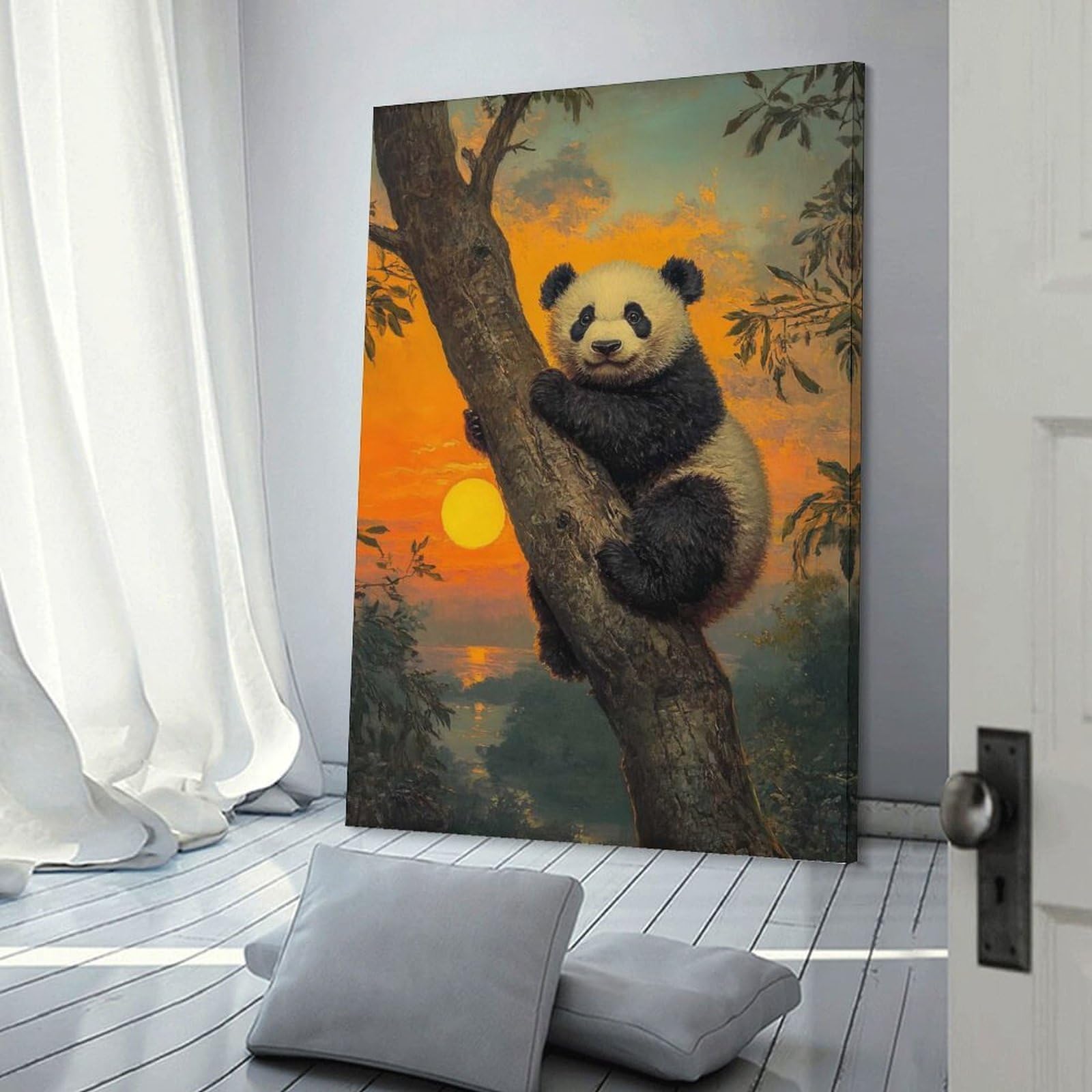 Junmoney Frame-Style-23 Panda Sunset Decorative Wall Artwork, 12X18inch(30X45cm), For Corridors, Hallways Or Apartment Entries, Home Artwork For First Impressions
