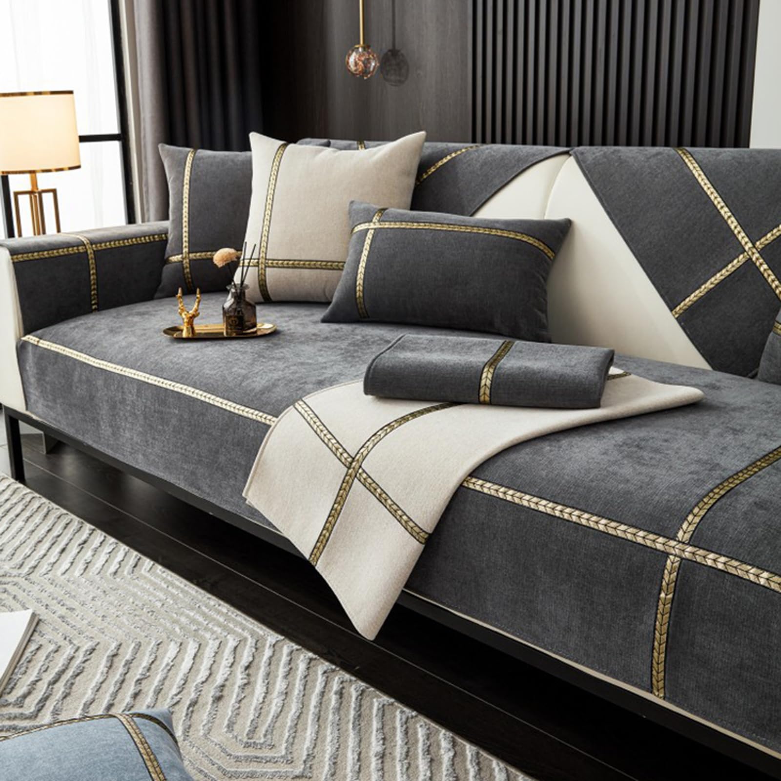 Housse de canapé gris 110x180 cm en tissu chenille doux antidérapant