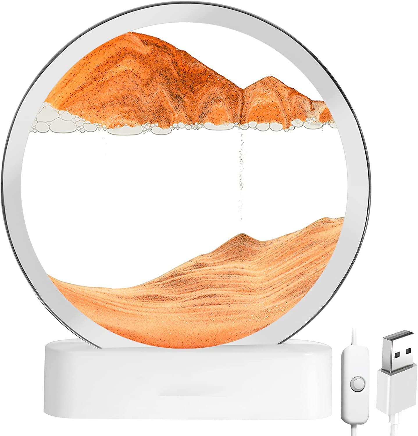 BuzzoXerex Cadre Sable Mouvant, 3D Sablier Decoratif avec Veilleuse LED Peinture de Sable Qui Coule avec Bluetooth Image de SableDynamique pour Décoration Bureau à Domicile (Blanc-Orange