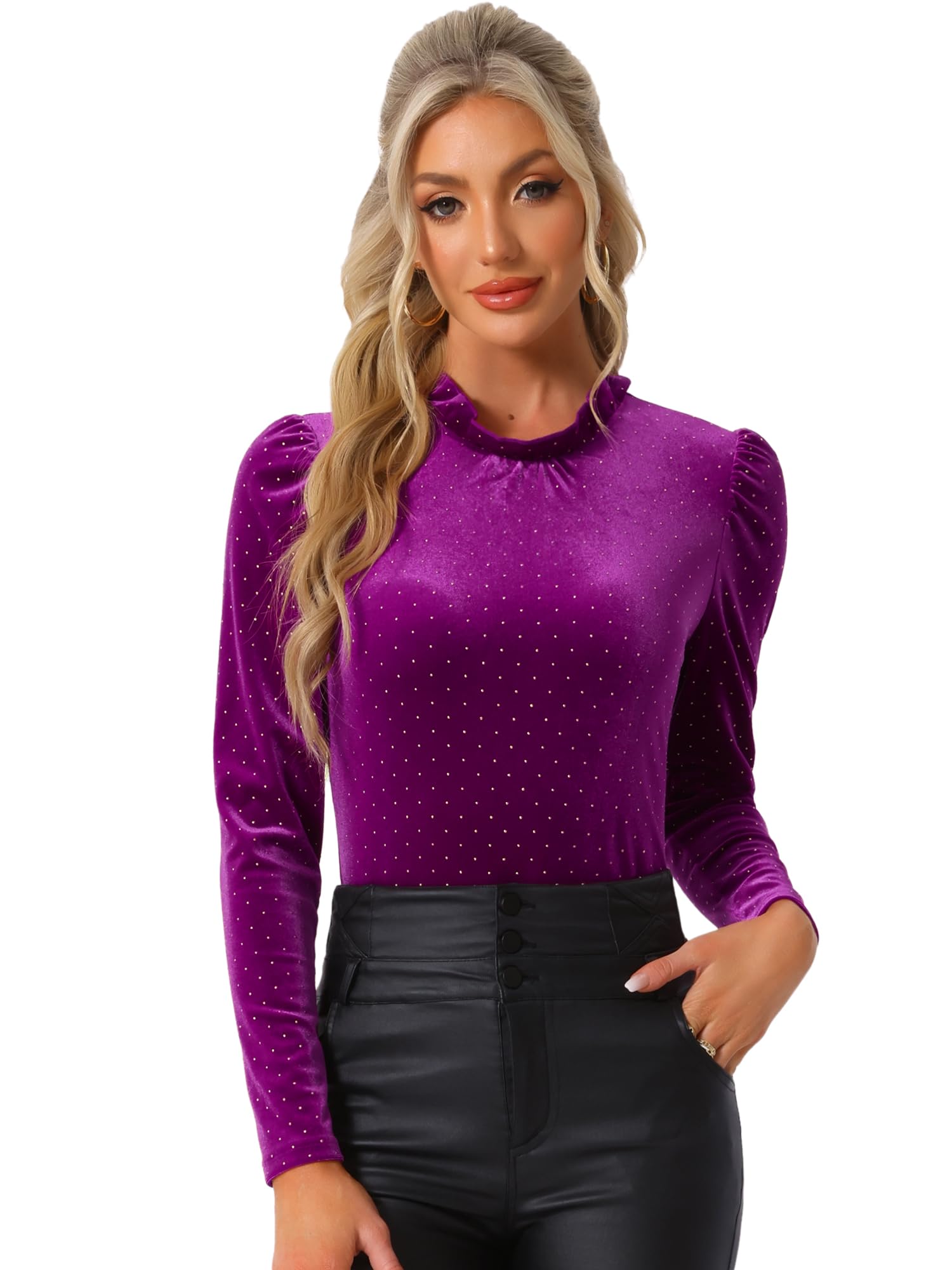 Allegra K Women's Metallic Shiny Dots Ruffle Neck Long Sleeve Vintage Christmas Velvet Blouse Top