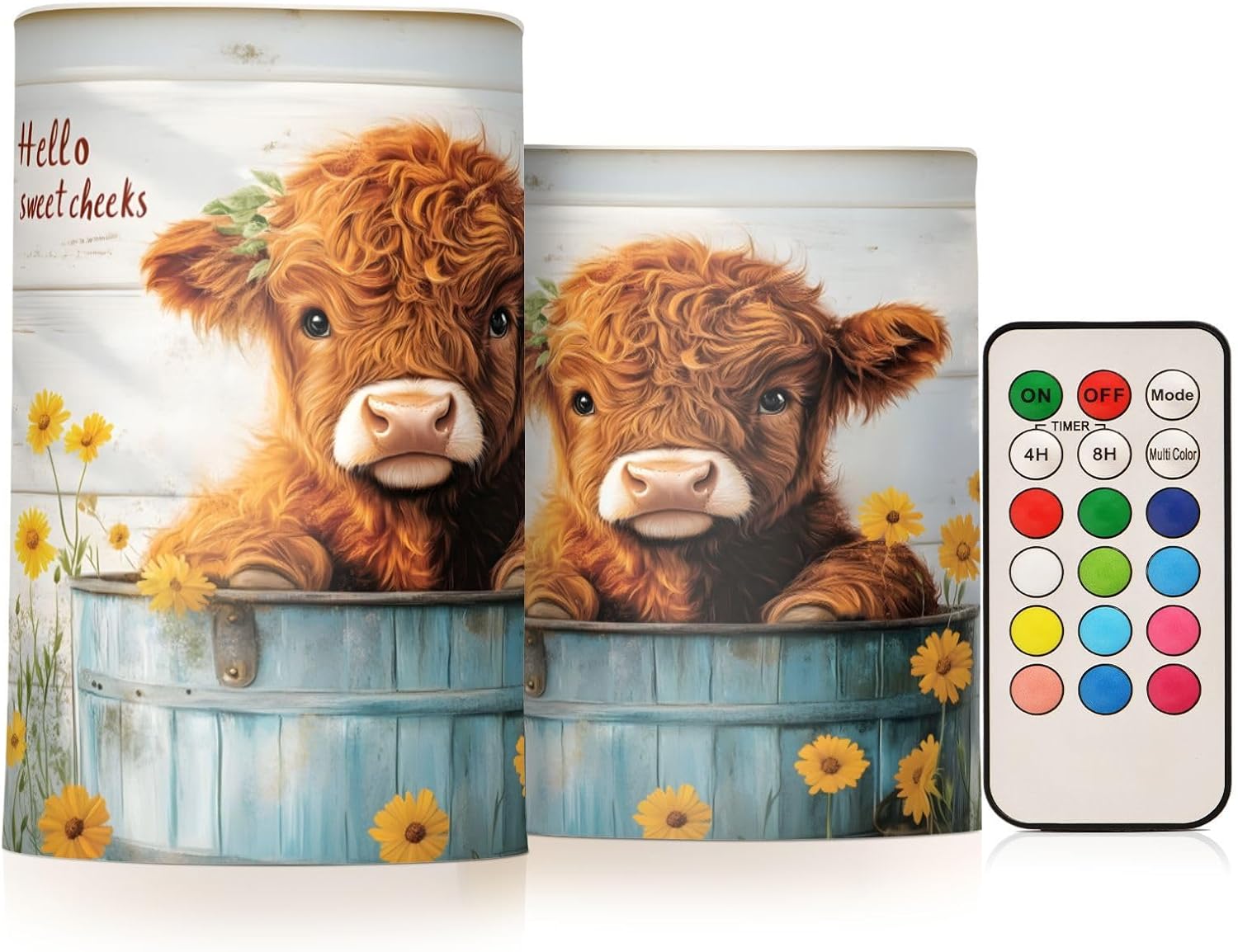 ALAZA Cute Highland Cow Daisies Flameless Candles, LED Pillar Candles with Remote Timer, Battery Operated Candles Set of 2