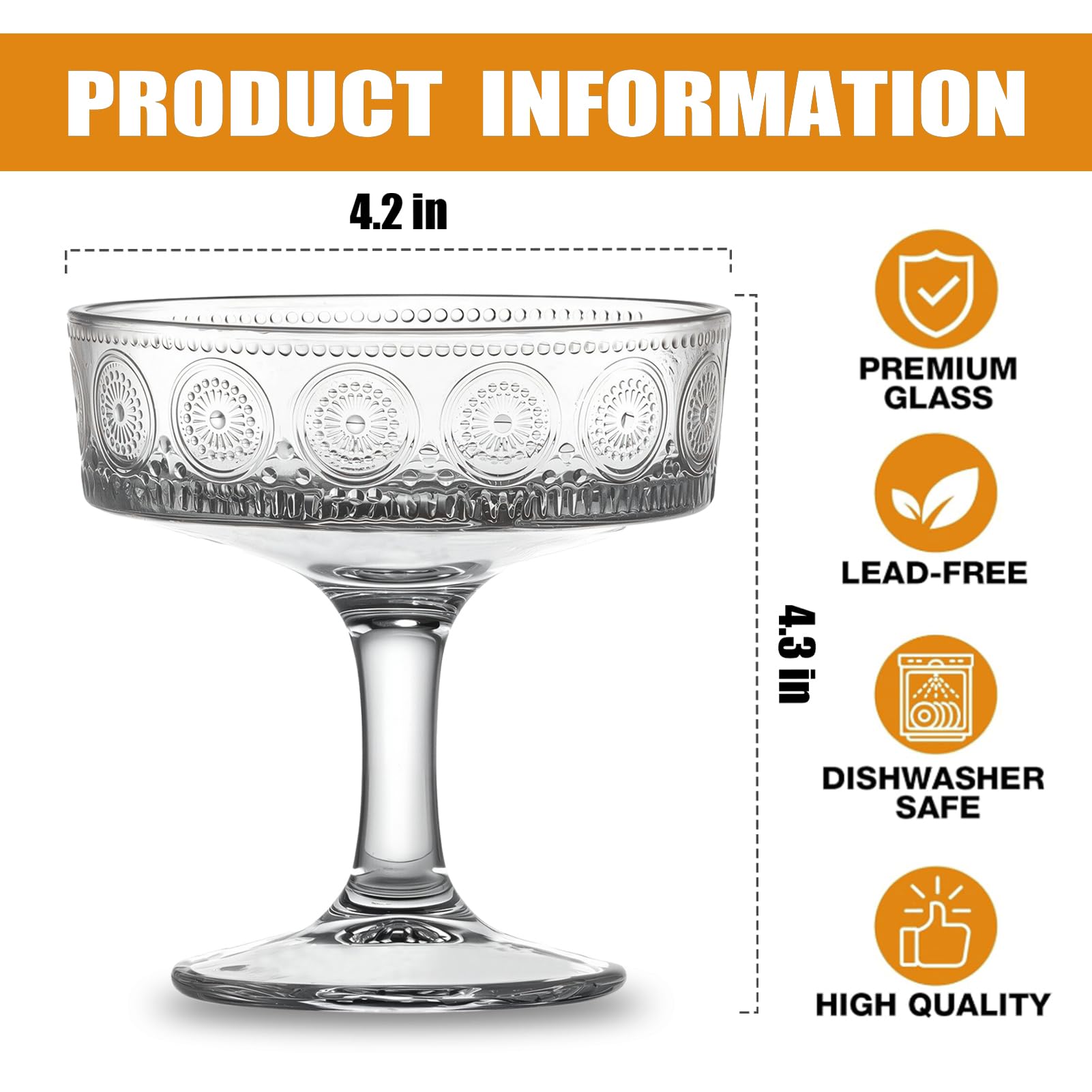 MYKAGS Lot de 6 Coupes Vintage à Motifs Fleuris, 190 ml, Verres à Cocktail Cannelés, Verres à Martini et Champagne
