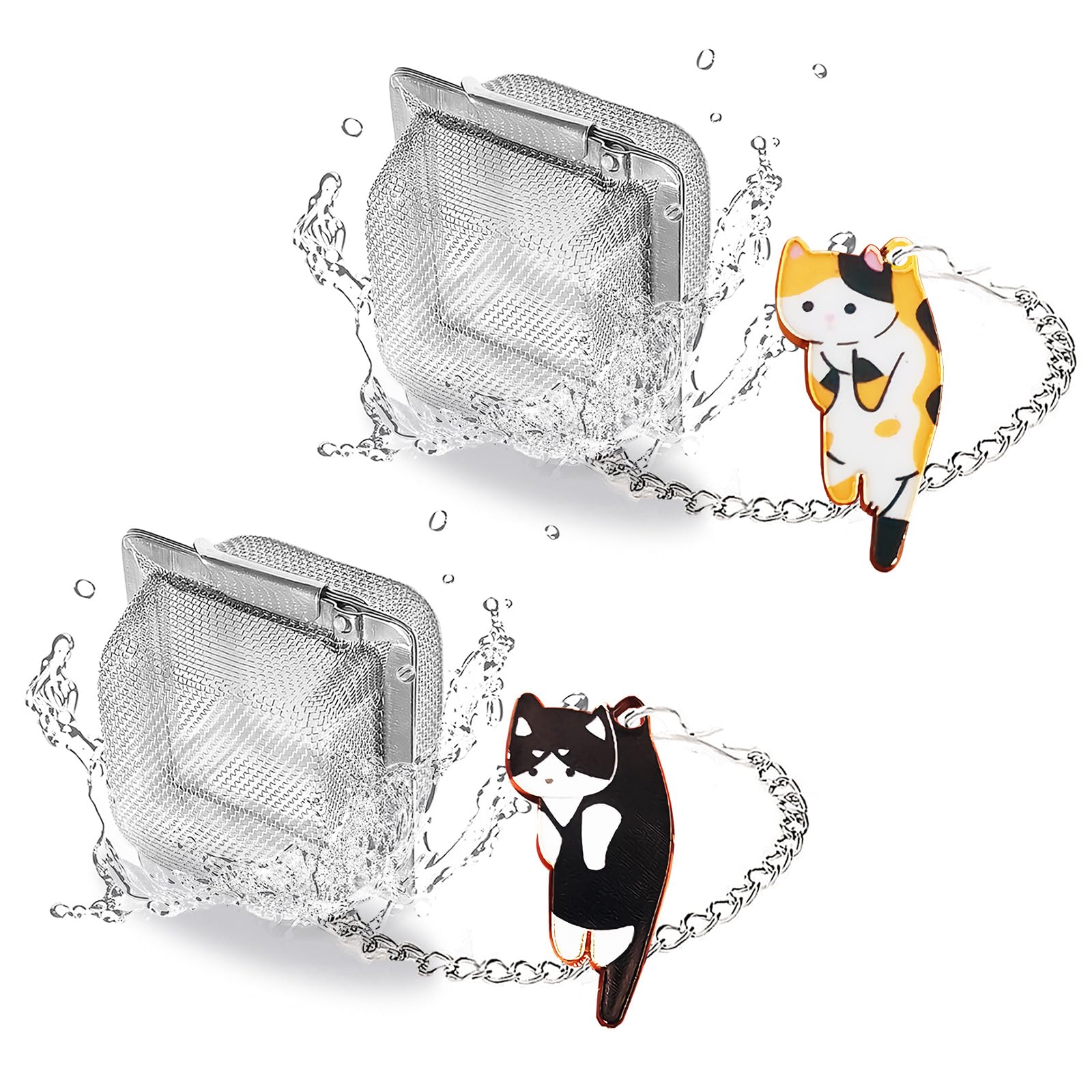PUSCOBSY Cat Tea Infuser Set, 2 PCS Cubic Tea Diffusers for Loose Tea, Stainless Steel Tea Ball with Cute Charm Pendant, Reusable Tea Steeper for Tea Extraction and Cold Brewing, Black & Orange Cat