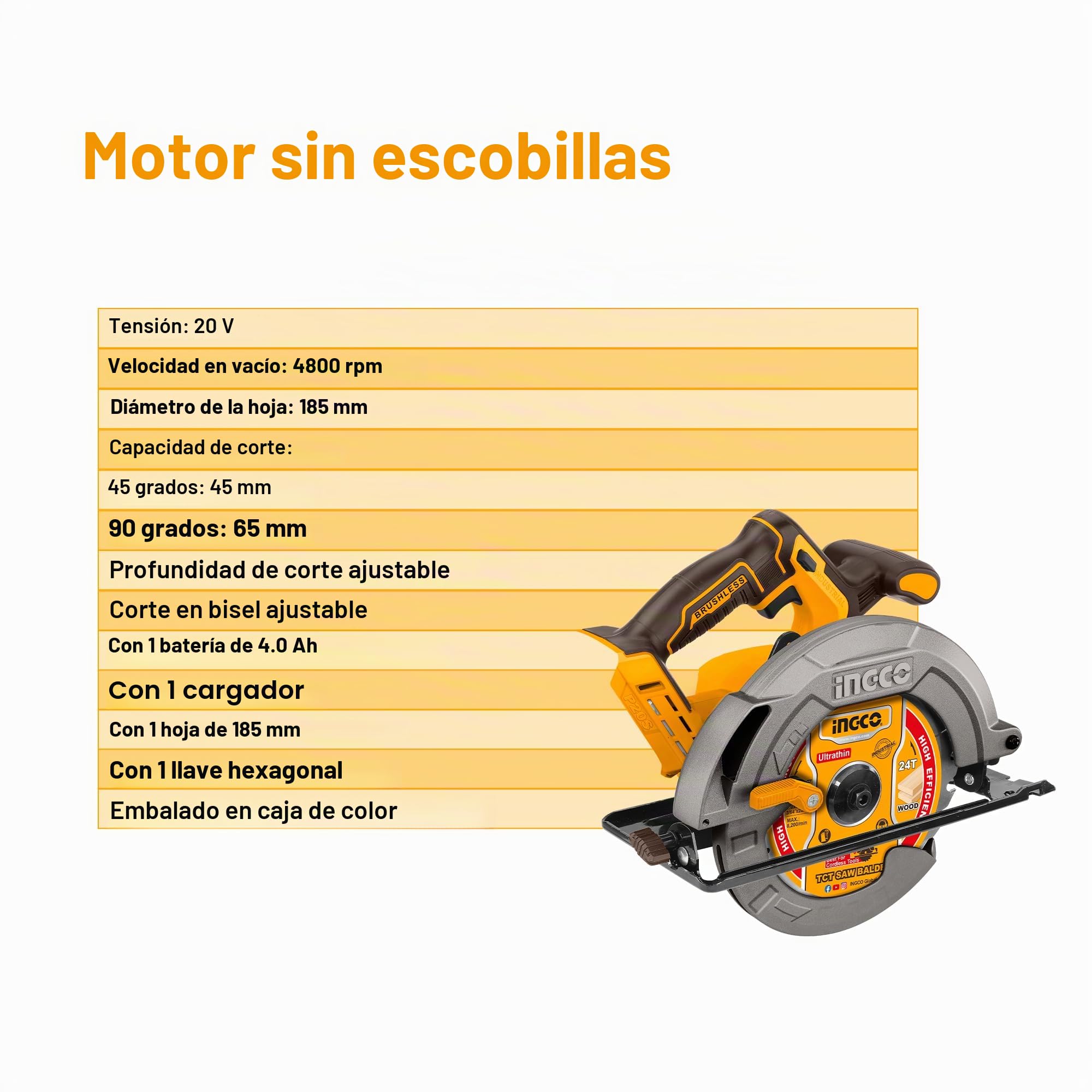 INGCO Sierra circular inalámbrica 20 V (producto solo), diámetro 185 mm, sierras eléctricas sin escobillas 4800 rpm, profundidad de corte máxima 65 mm CSLI1851
