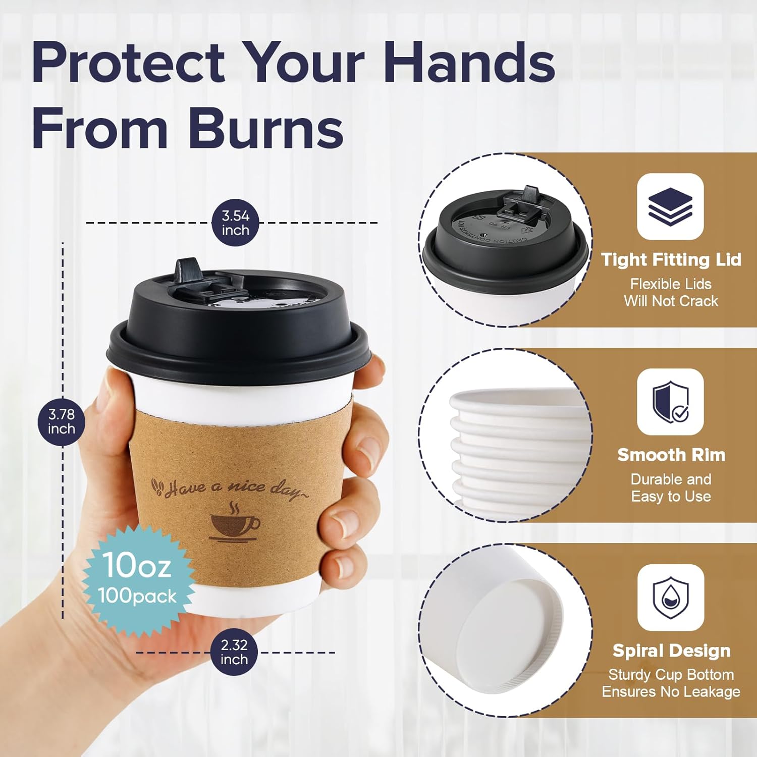 LITOPAK 100 Pack 10 oz Disposable Coffee Cups with Lids and Kraft Sleeves, Leak-Proof White To Go Coffee Cups for Office, Cafe, Catering, Events and Daily Commute
