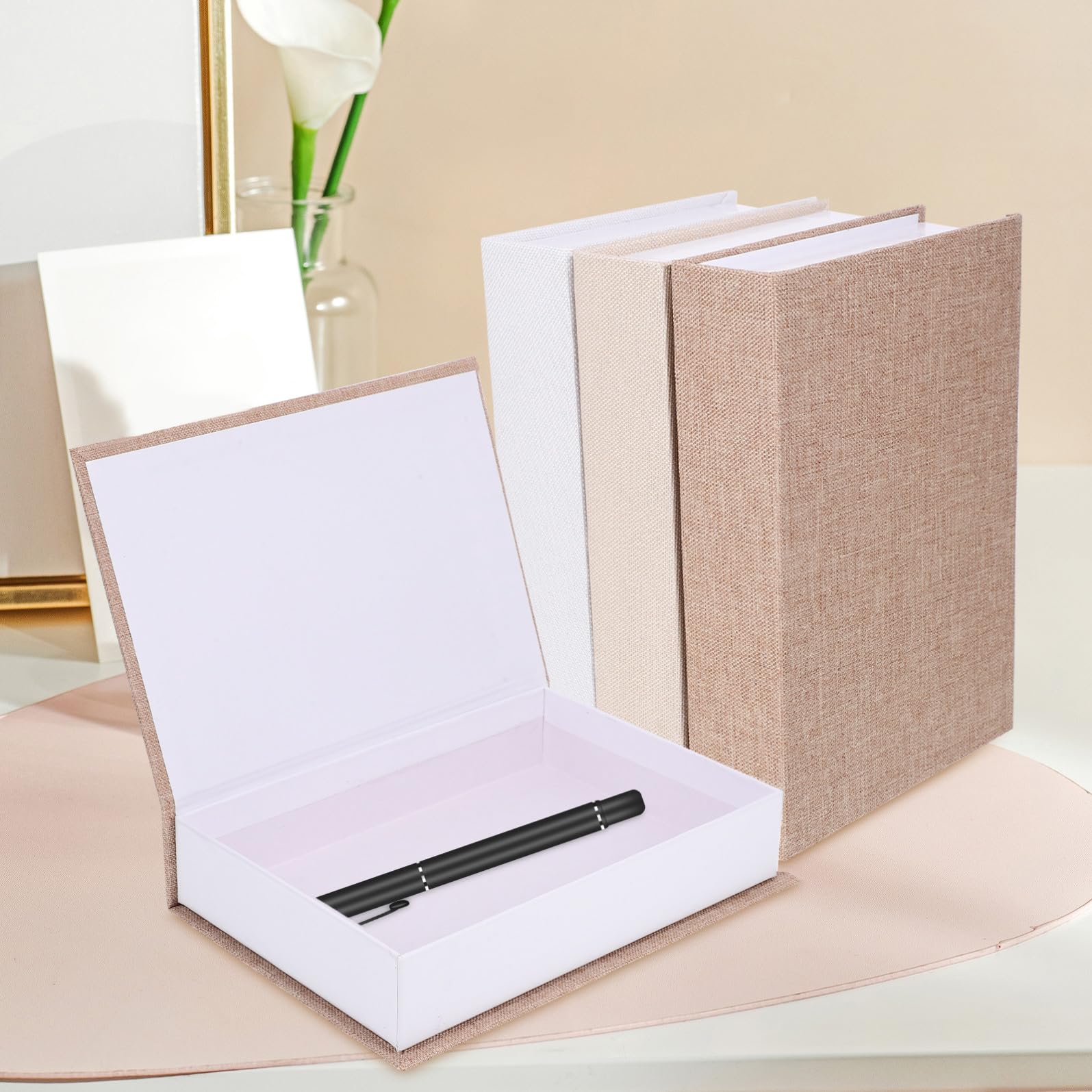 DECHOUS Set 3 Libri Finti Decorativi di Lino Funzione Scatola Portaoggetti per Decorazione Casa, Ufficio e Libreria Elegante