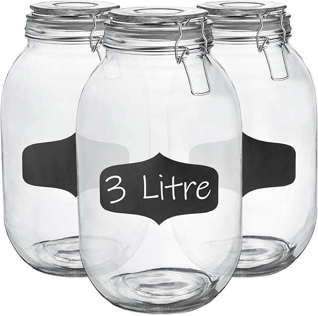 Argon Tableware 3x 3000ml (3 Litre) Clear Glass Storage Jars with Chalkboard Labels Clear Airtight Silicone Seal and Metal Clip Lids - 105.5oz Large Empty Kitchen Containers