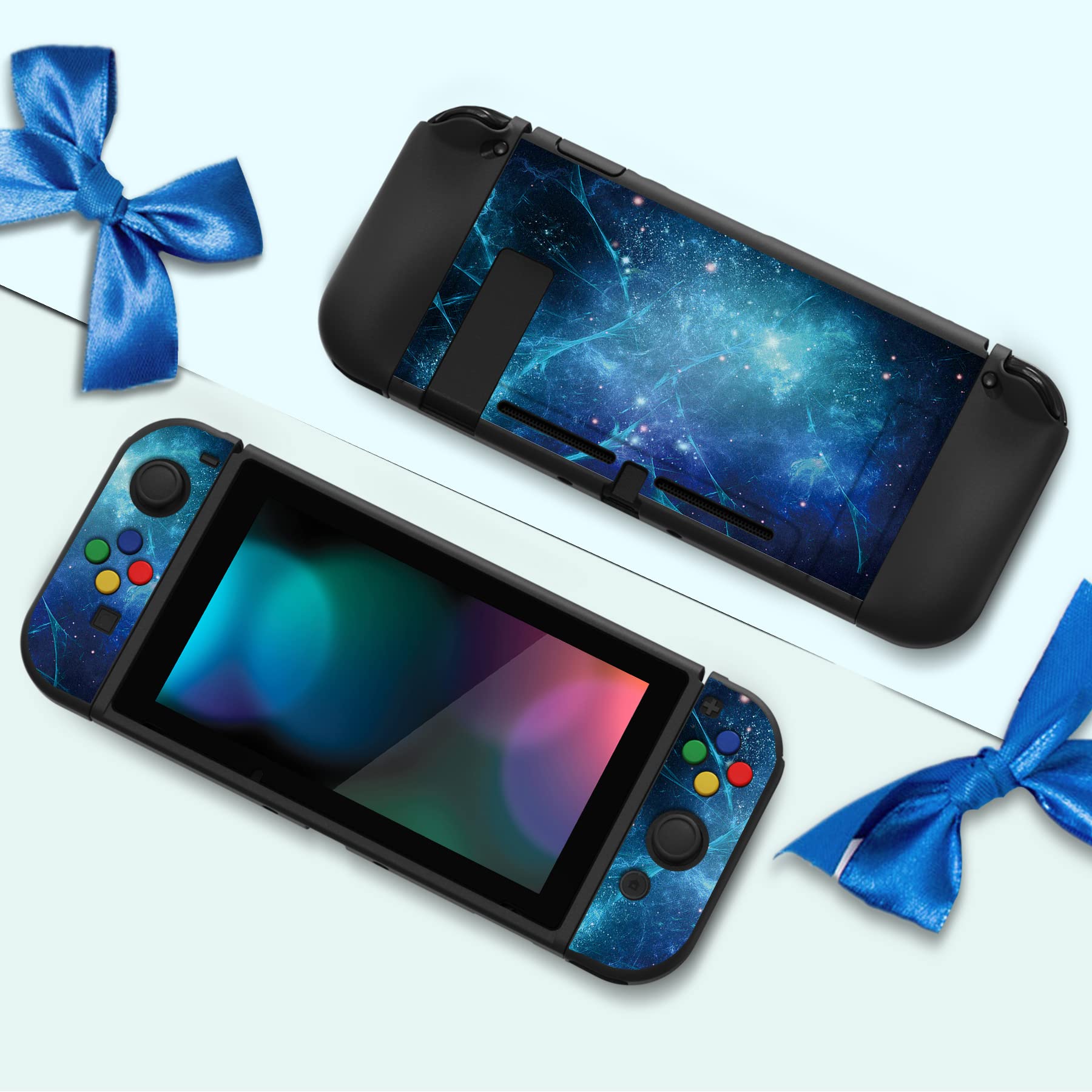 PlayVital ZealProtect Soft Protective Case for Nintendo Switch, Flexible Cover Protector for Switch with Tempered Glass Screen Protector & Thumb Grips & ABXY Direction Button Caps - Blue Nebula - 3