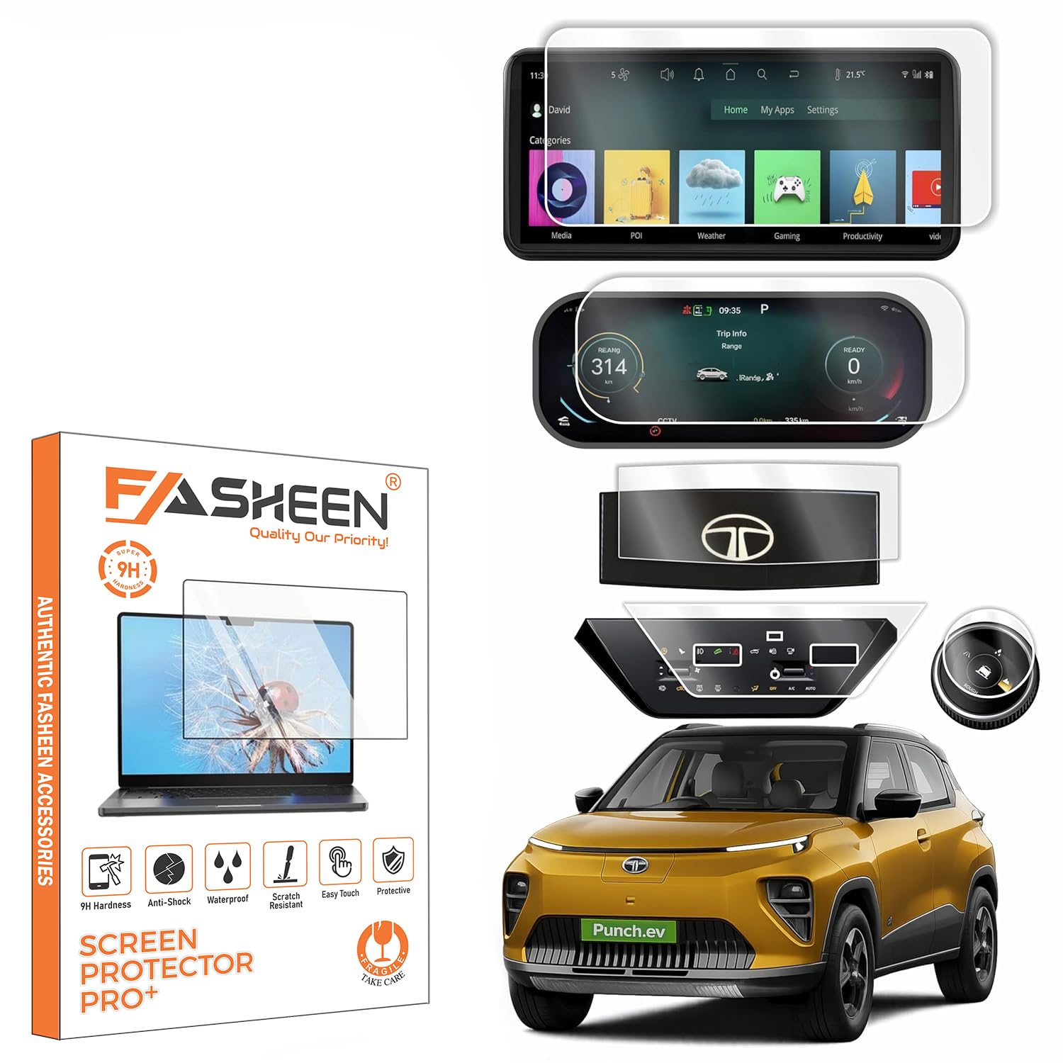 FASHEEN Screen Guard Compatible With 5 Pack TATA PUNCH EV 2026 Facelift || EMPOWERED | EMPOWERED+S || 10.25-INCH [Round Corners] INFOTAINMENT Touchscreen + 10.25 INCH Instrument Cluster + Digital Steering + AC Panel + Gear Knob Protector 9H Hardness Screen Protector Not a Tempered Glass-image-22