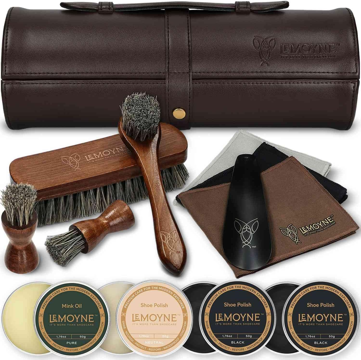 LEMOYNELeather Shoe Polish Kit – Complete Boot & Shoe Shine Kit for Men – Leather Shoe Care Set & Travel Shoe Cleaning Kit
