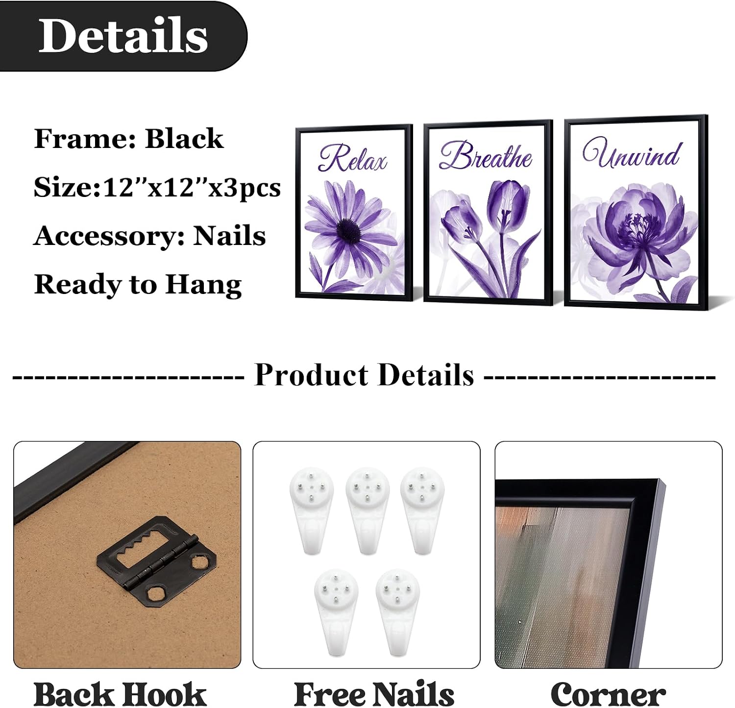NutArtPic Purple Flower Wall Art Floral Pictures Purple Painting Prints Black Framed for Home Decor 12''x16''x3pcs