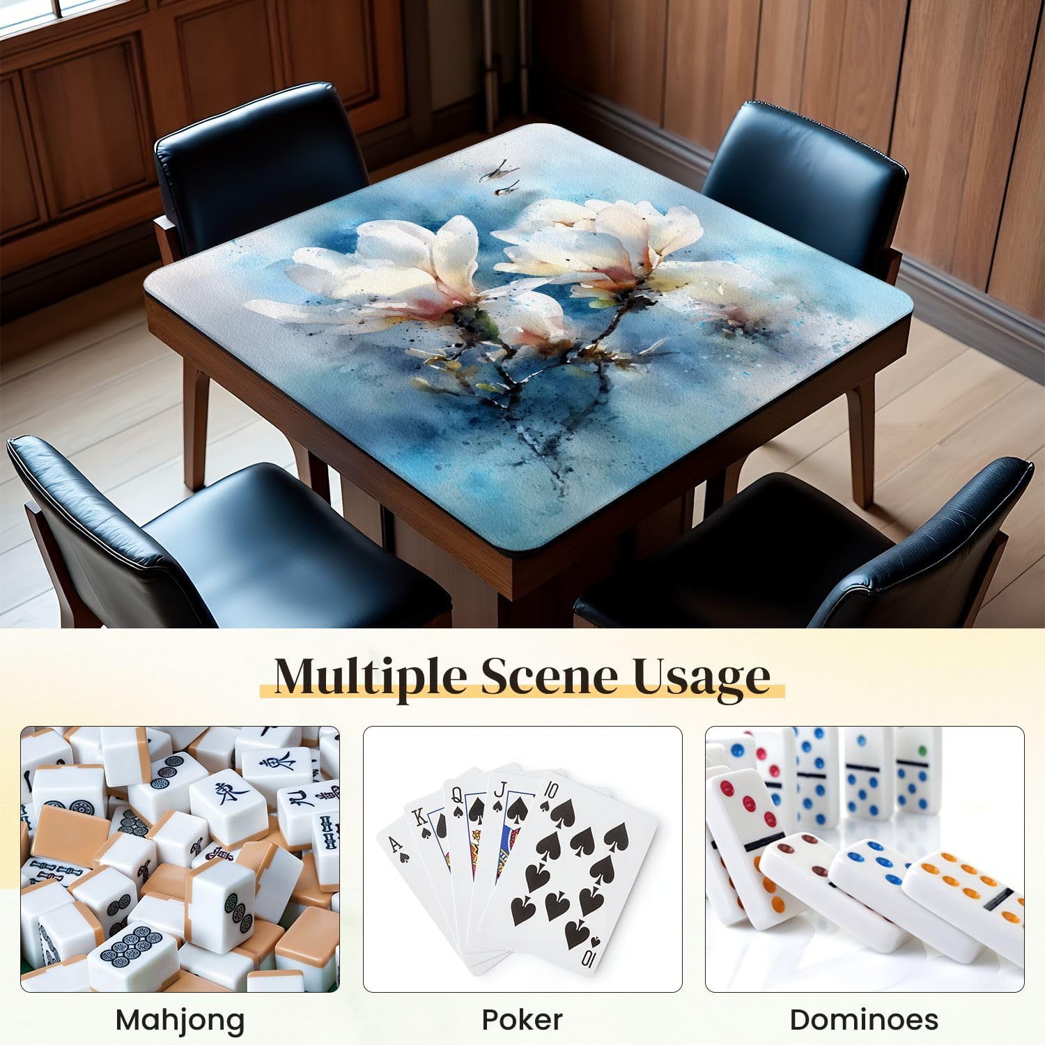 Mahjong Mat for Table Minimalist Magnolia Blossoms Painting Birds Sky 31.5" x 31.5" Non-Slip Noise-Reducing Game Mat Premium Mahjong Accessories for Poker Dominoes Hosting
