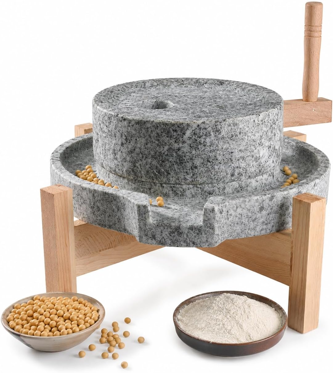 A handcrafted natural crank stone mill with a solid wood base, suitable for processing wheat, grains, and sesame seeds, ideal for producing bread, corn cakes, spices, and similar products.