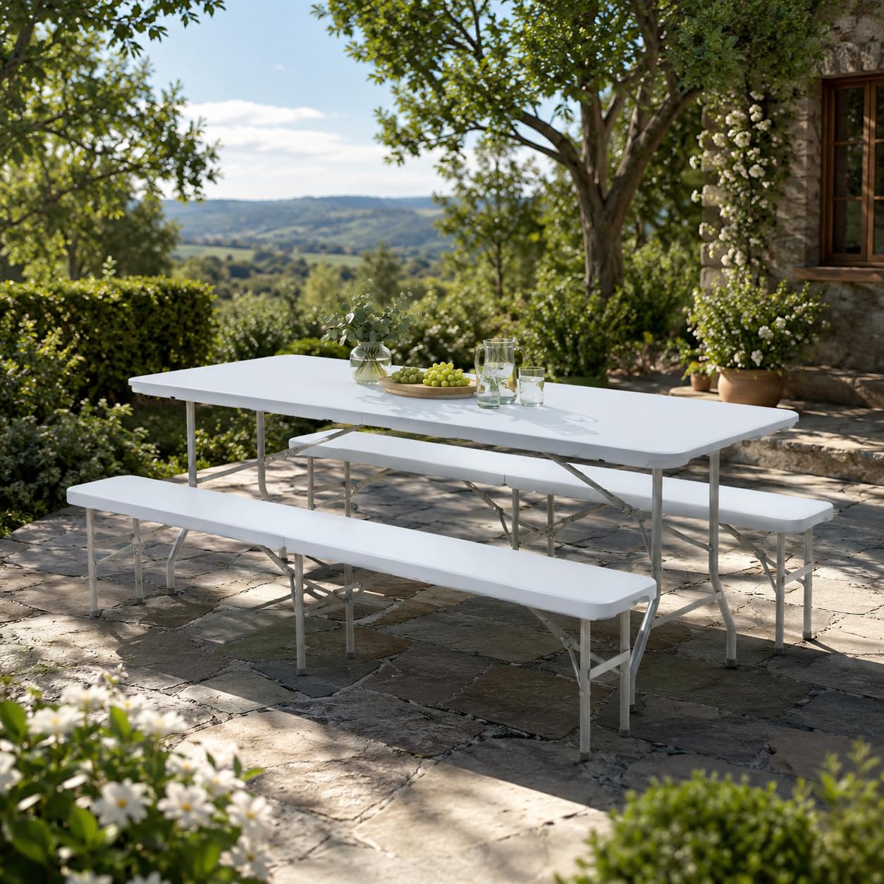 Ensemble Table 2X Banc de Jardin en Plastique Traiteur Pliante Table Buffet Picnic Plateau Camping Pliable avec Poignée en Blanc