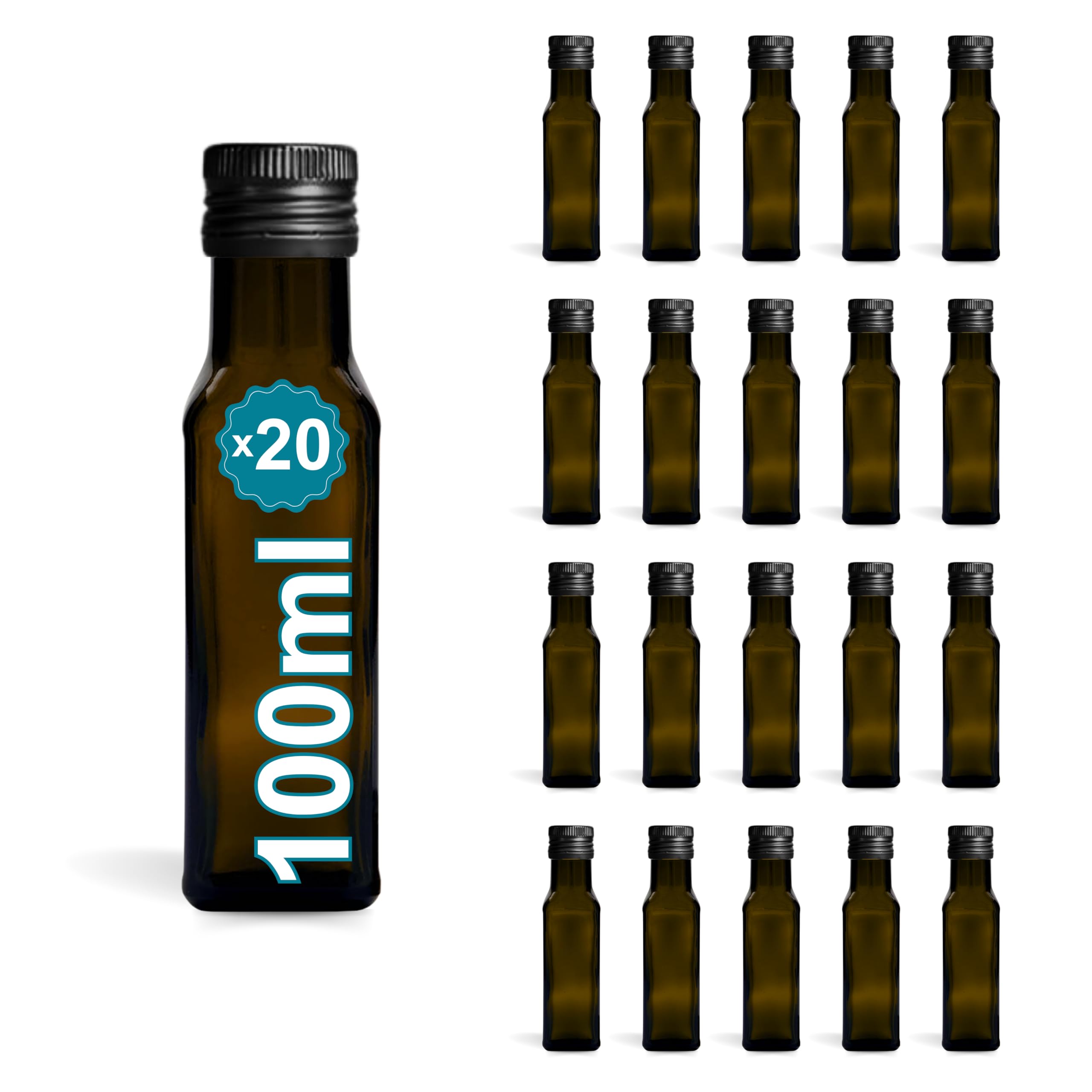 20 mini bottiglie in vetro scuro 100 ml con tappo a vite nero | piccole bottiglie per olio d'oliva, aceto, alcool, salse, pozione magica | olio di vetro, bottiglia per campioni