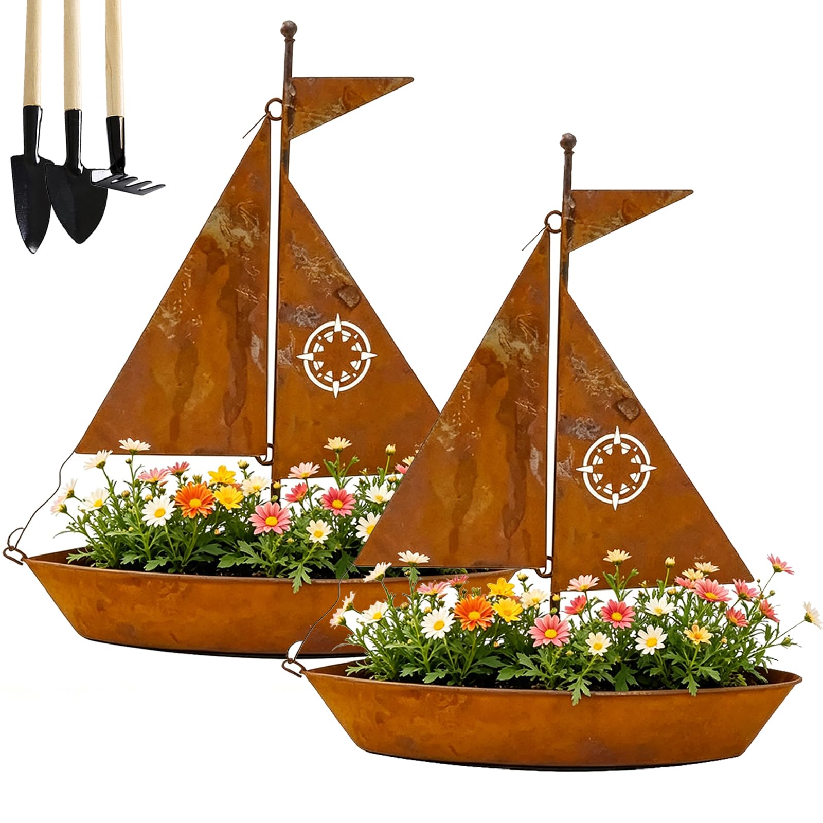 LLELEMAMO Rustic Sailboat Metal Planter, Handcrafted Weather Resistant Iron Boat Planter for Succulents Herbs, Vintage Nautical Flower Pot Design for Garden Patio Decor, 3D Sculpture for Shelf (2Pcs)
